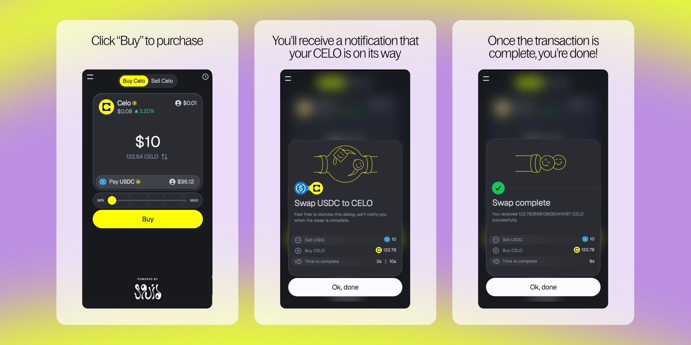 Three visuals from "Buy CELO" Mini App in MiniPay