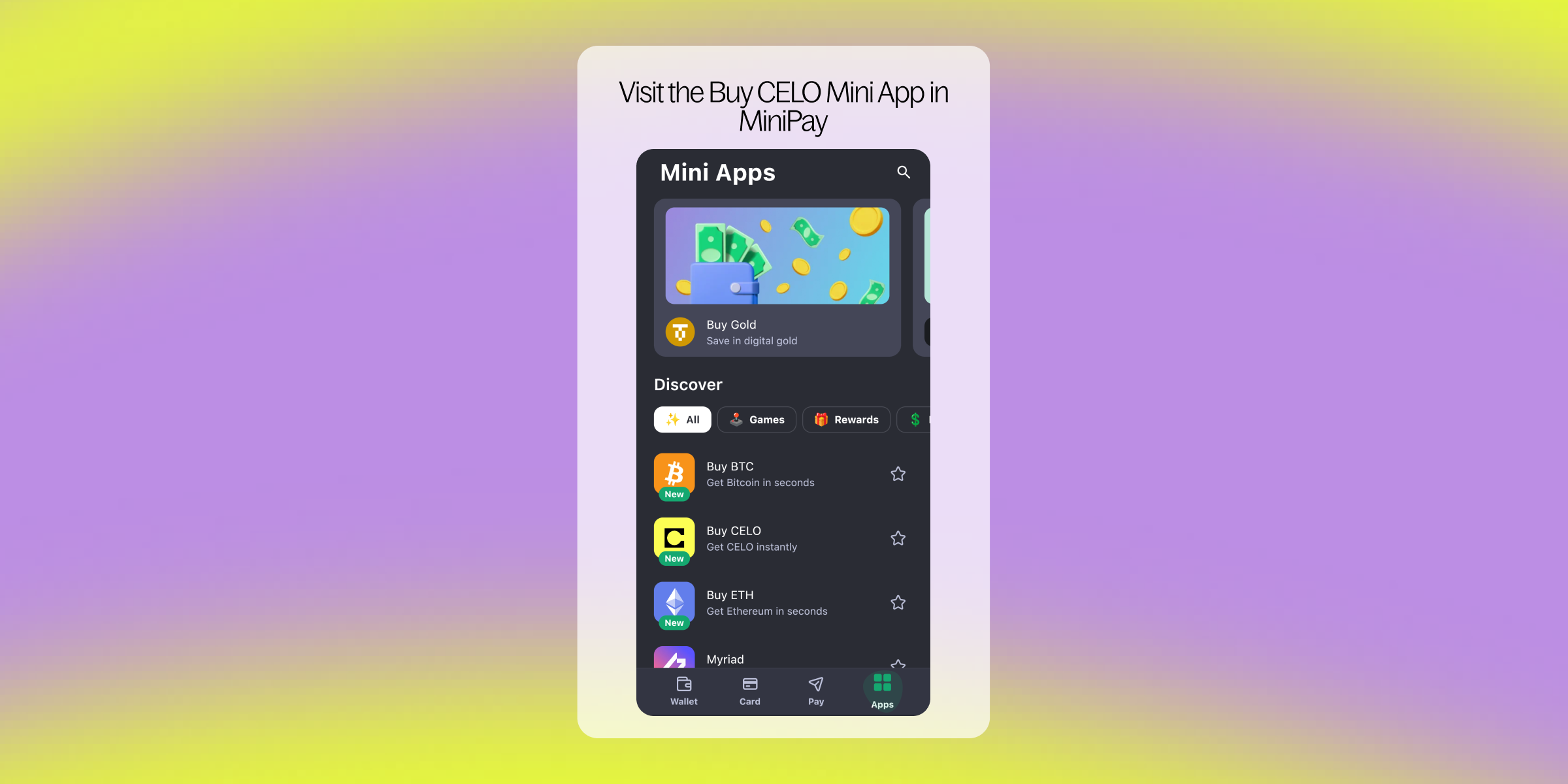 Visual from "Apps" page of MiniPay