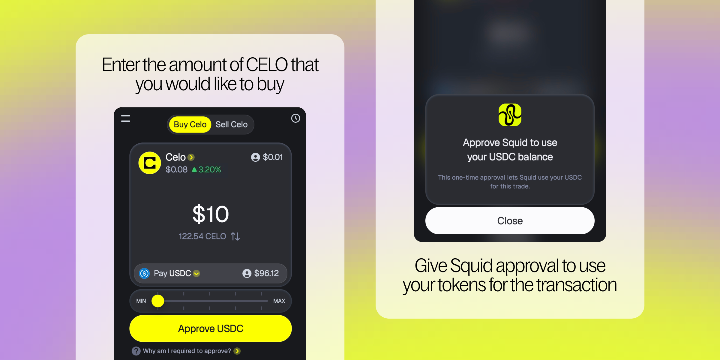 Visuals from "Buy CELO" Mini App in MiniPay