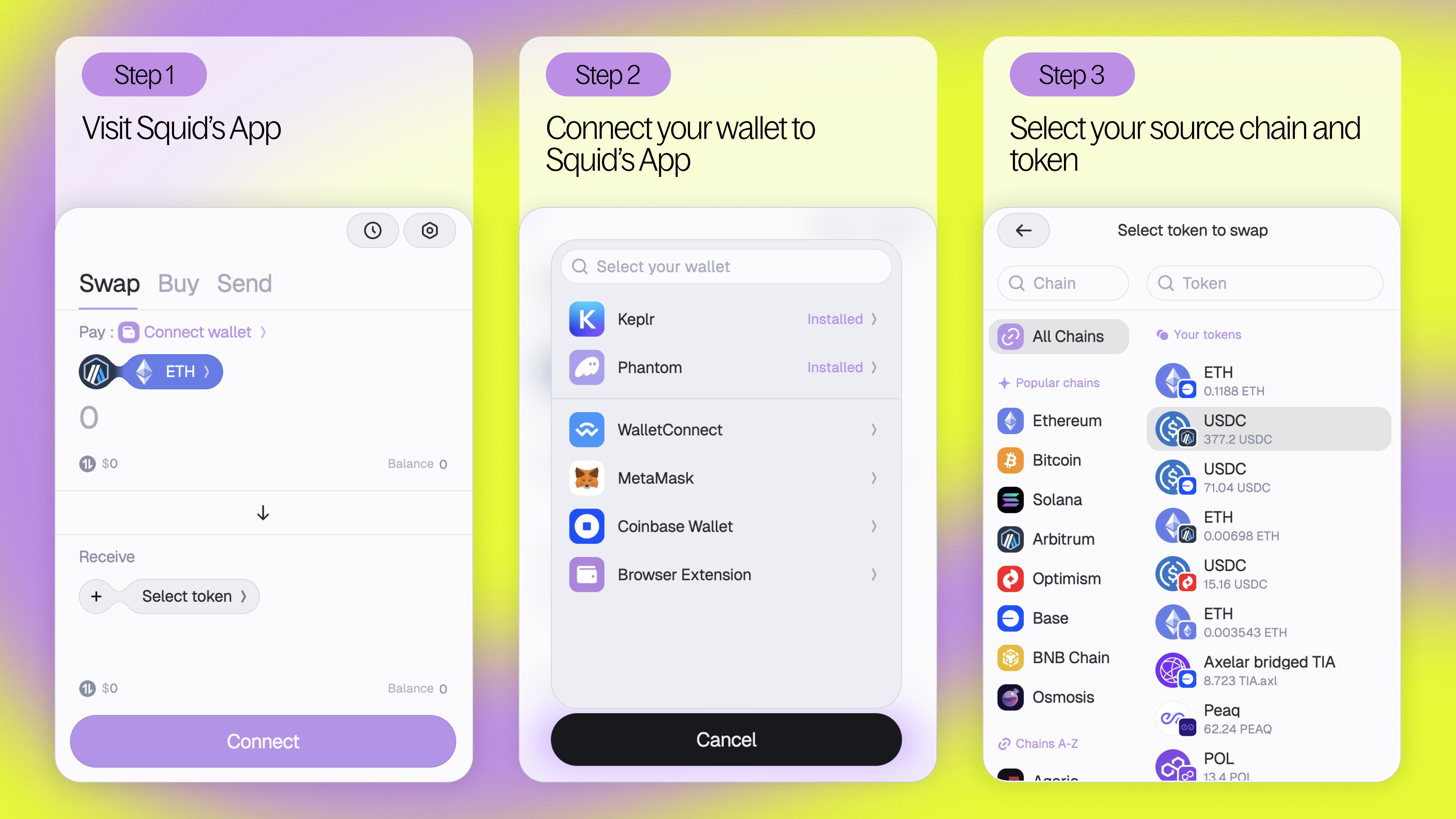 visit squid's app, connect your wallet and select your source chain and token