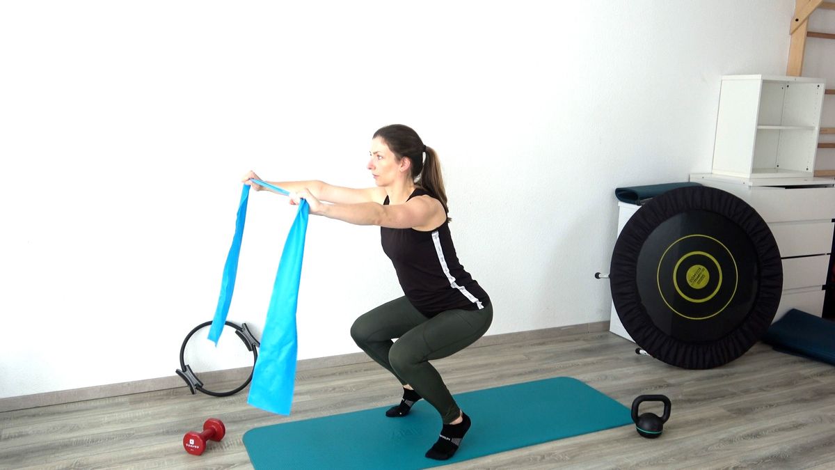 Squat With Elastic Band & Rise Onto Toes