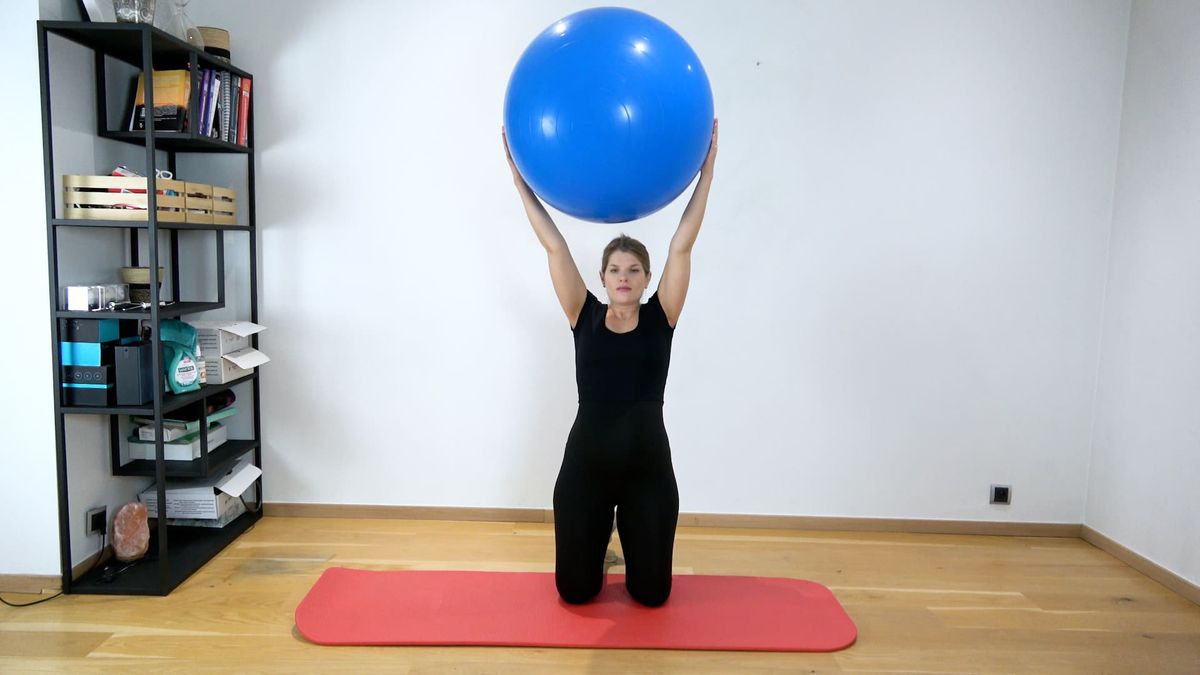 Kneeling Shoulder Flexion With Swiss Ball and Core Bracing