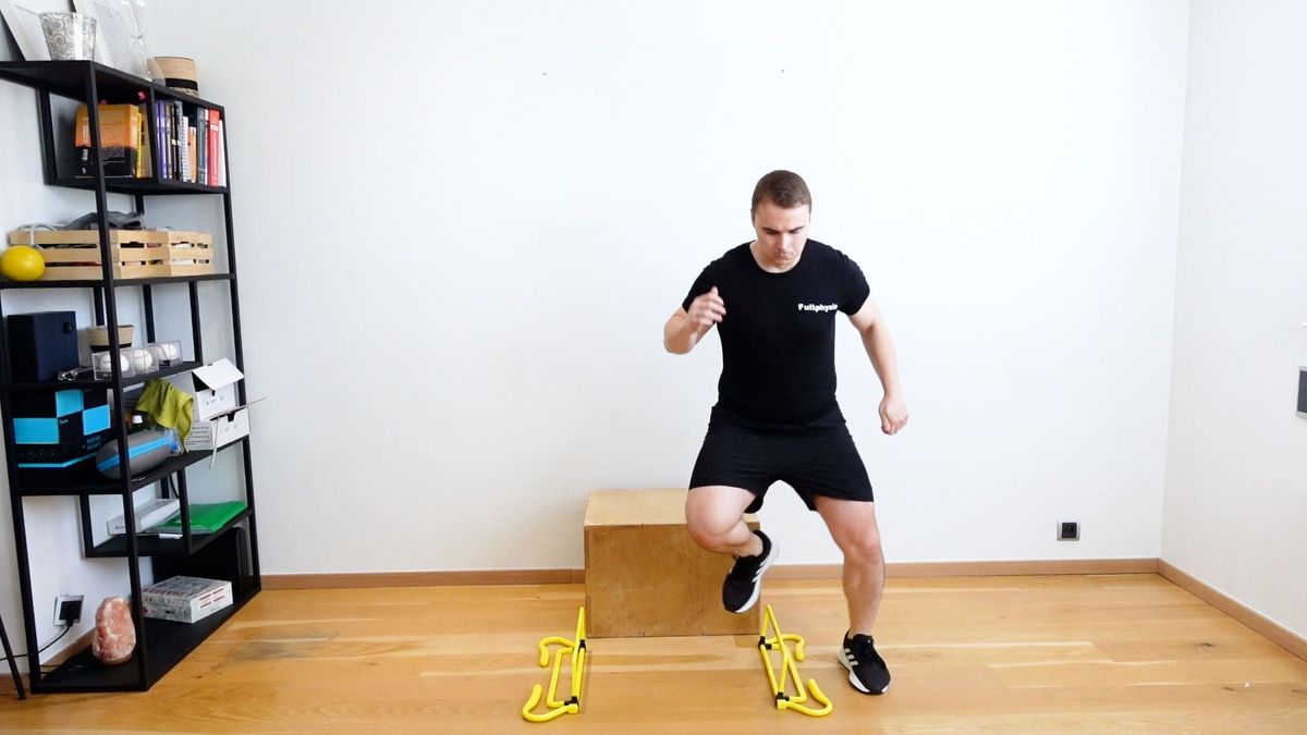 Réception saut avec rebonds latéraux unipodaux par dessus obstacles