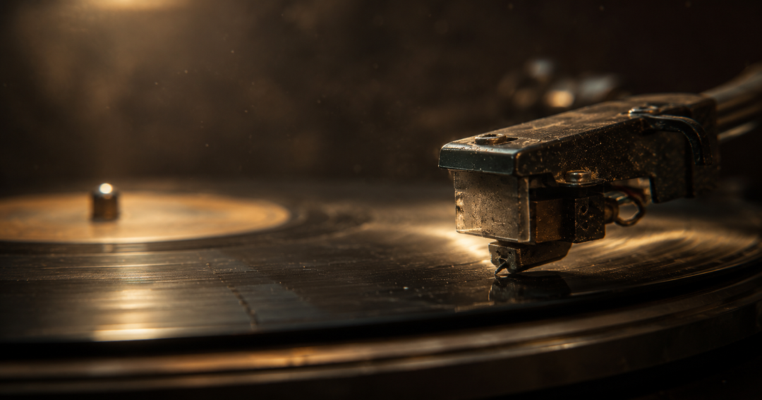 A worn turntable needle resting on a spinning record