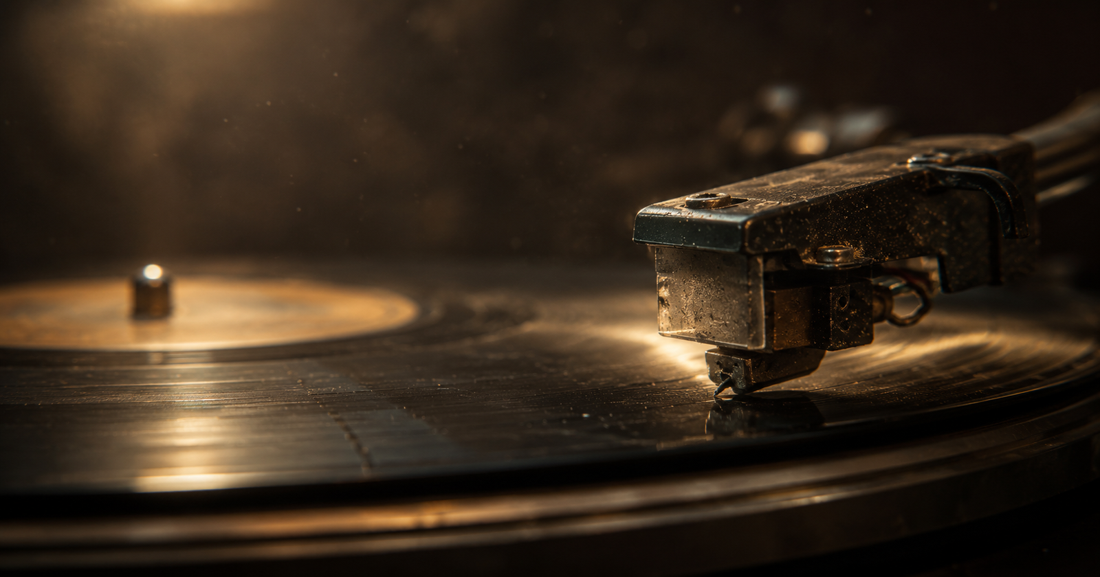 A worn turntable needle resting on a spinning record
