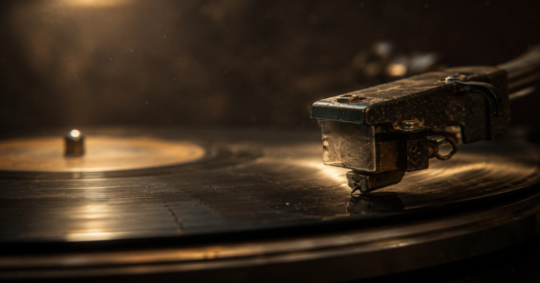A worn turntable needle resting on a spinning record