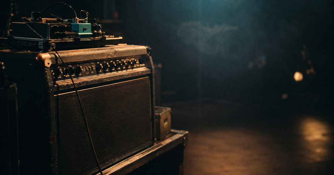 A worn amplifier stack lit in low warm light