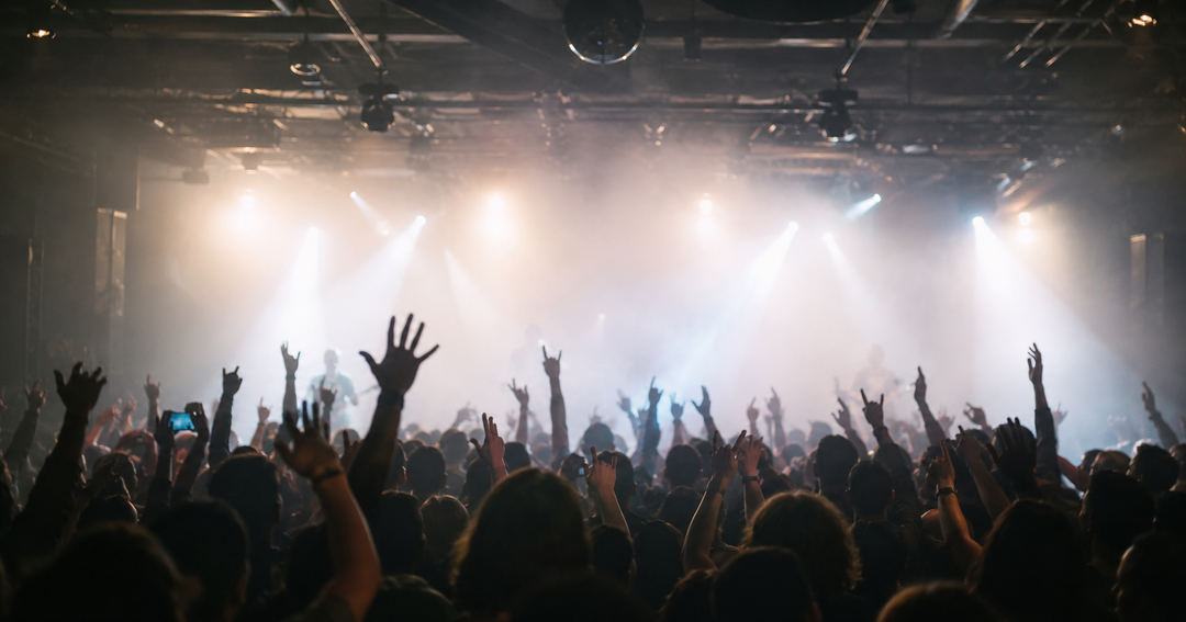 Metal crowd with raised hands at an indoor show