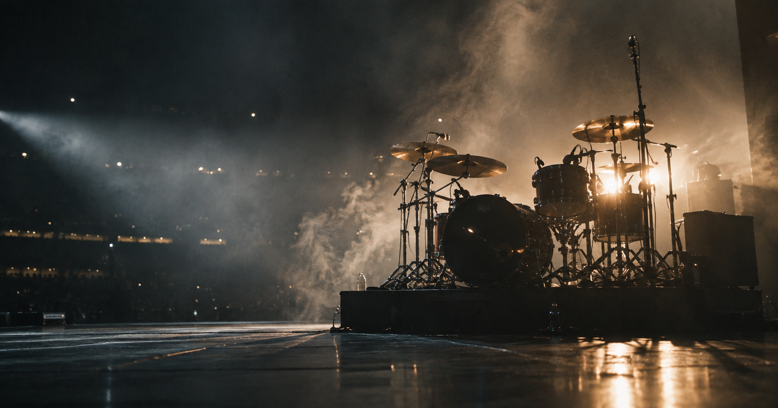 Backlit drum kit on a smoky arena stage