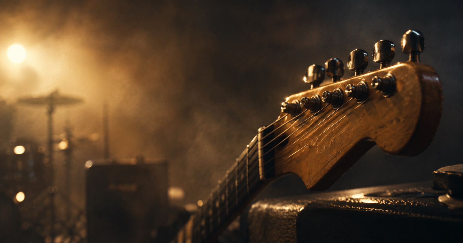 Close-up of an electric guitar headstock under warm light