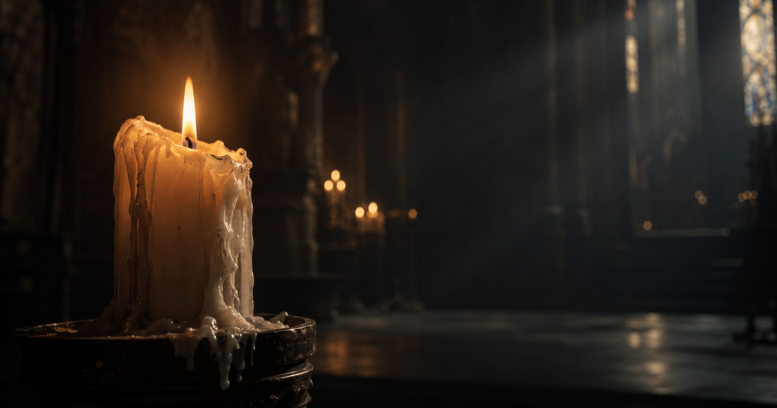 A thick church candle burning low with pooled wax