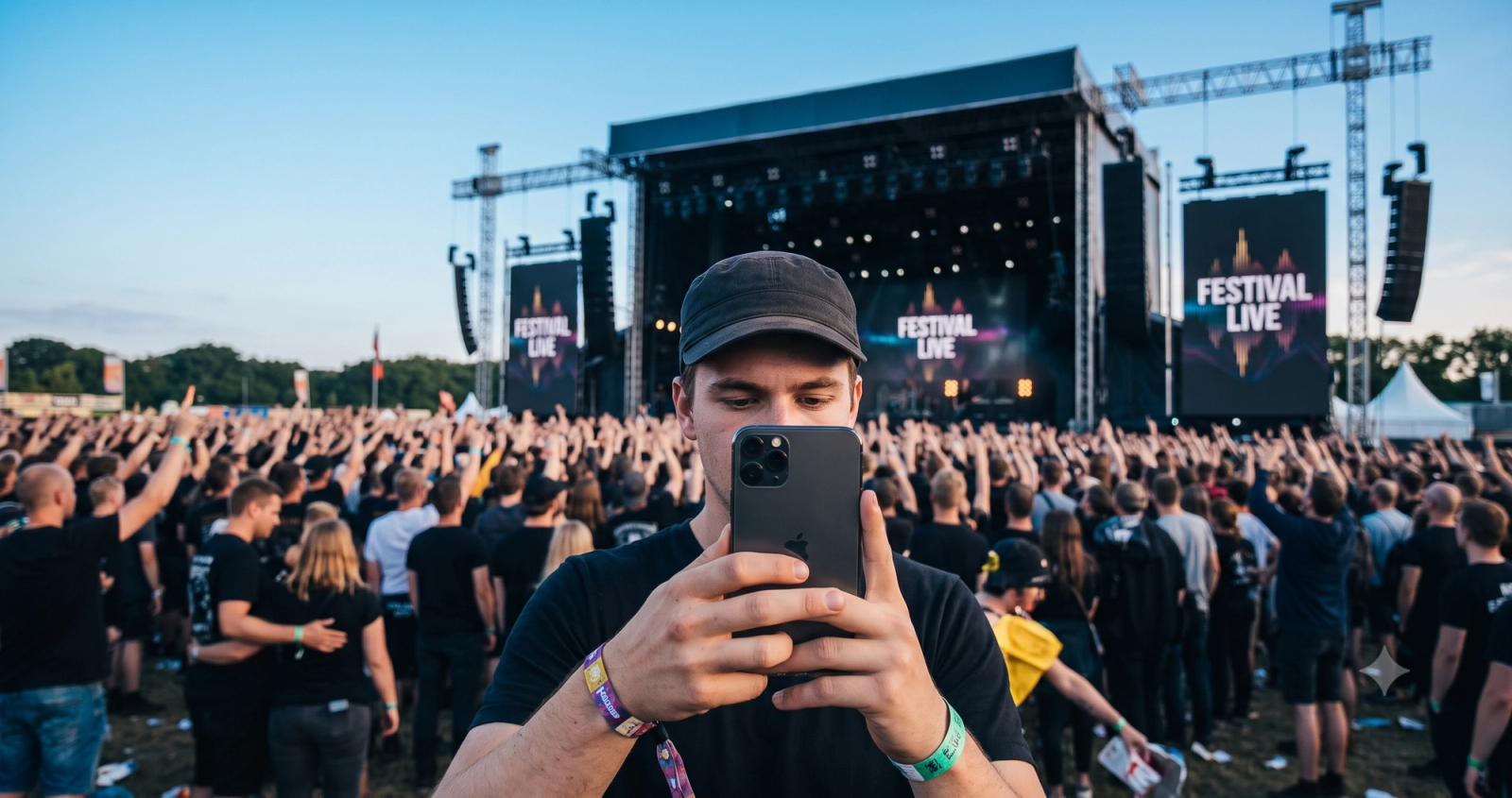 Festival-goer comparing a lineup on a phone in a crowd