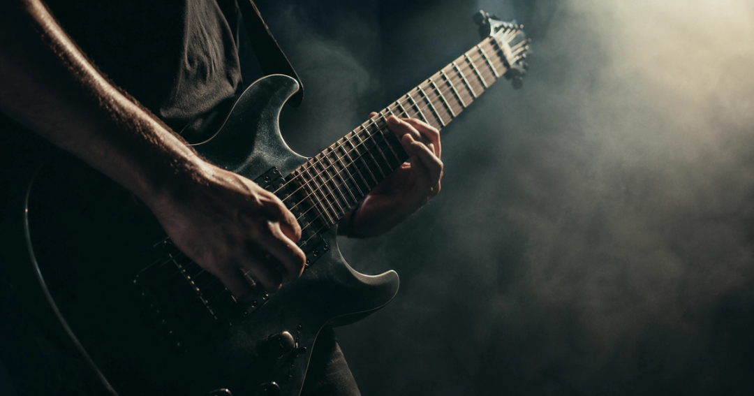 Close-up of hands playing a low-tuned electric guitar
