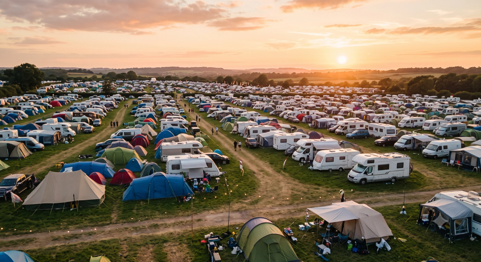 Tents and RVs spread across a grassy festival campground at sunset