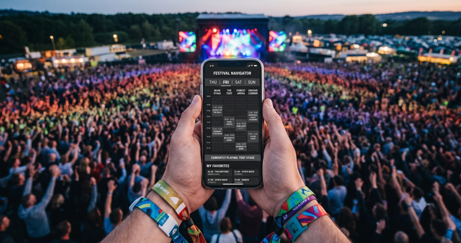 Festival-goer checking a set-time schedule on a phone in a crowd