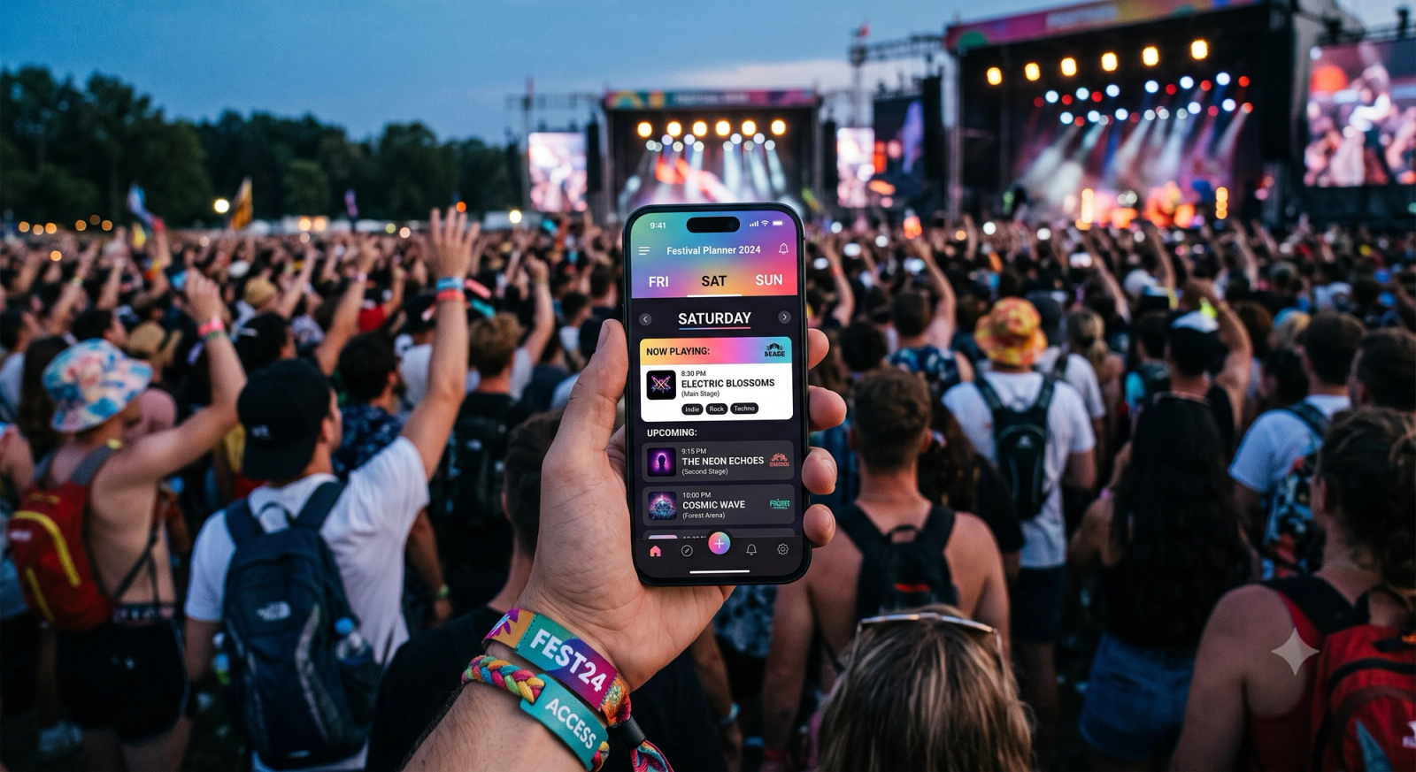 Festival-goer checking a set-time schedule on a phone in a crowd.
