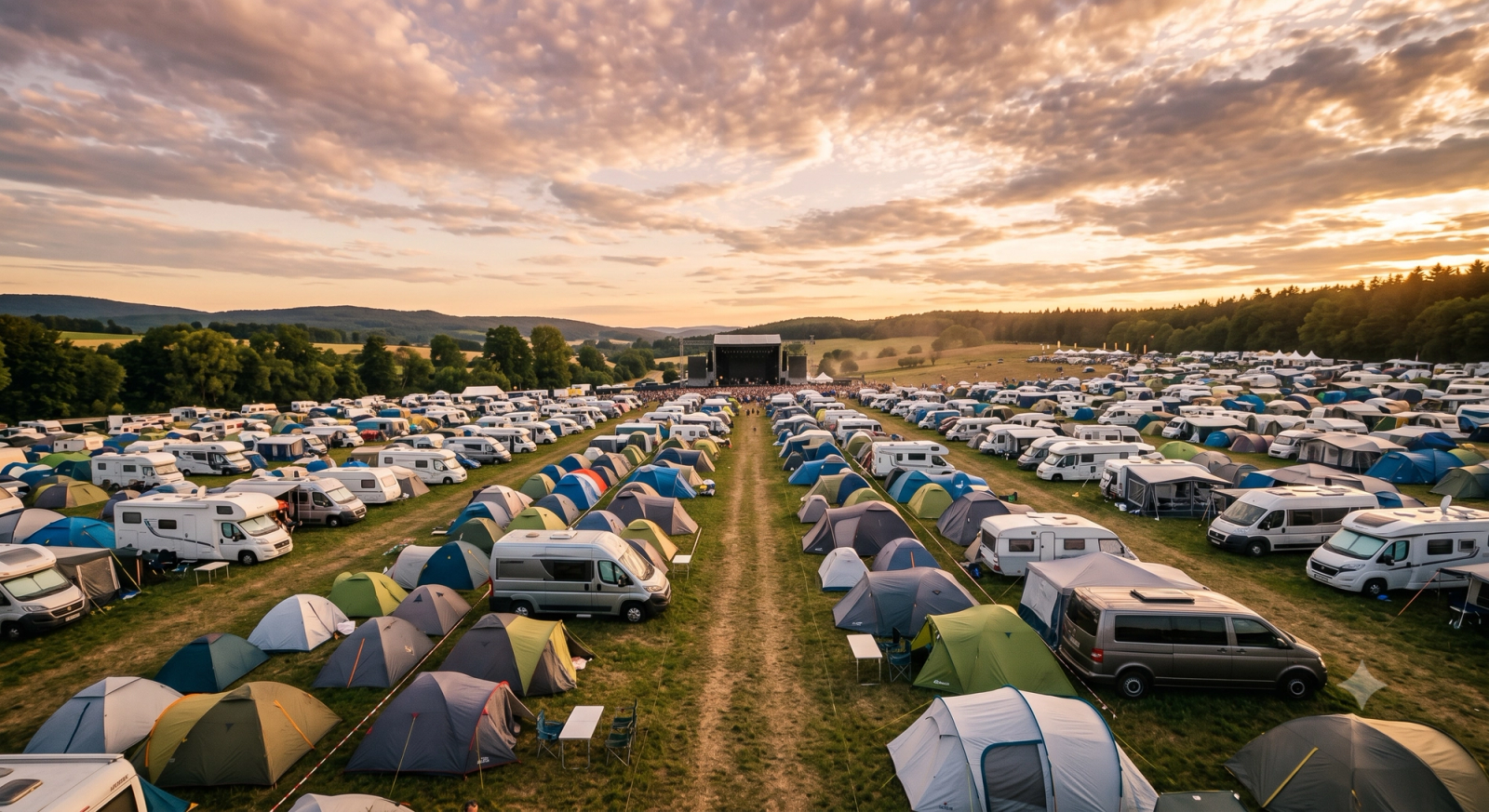 Tents and RVs spread across a grassy festival campground in the evening