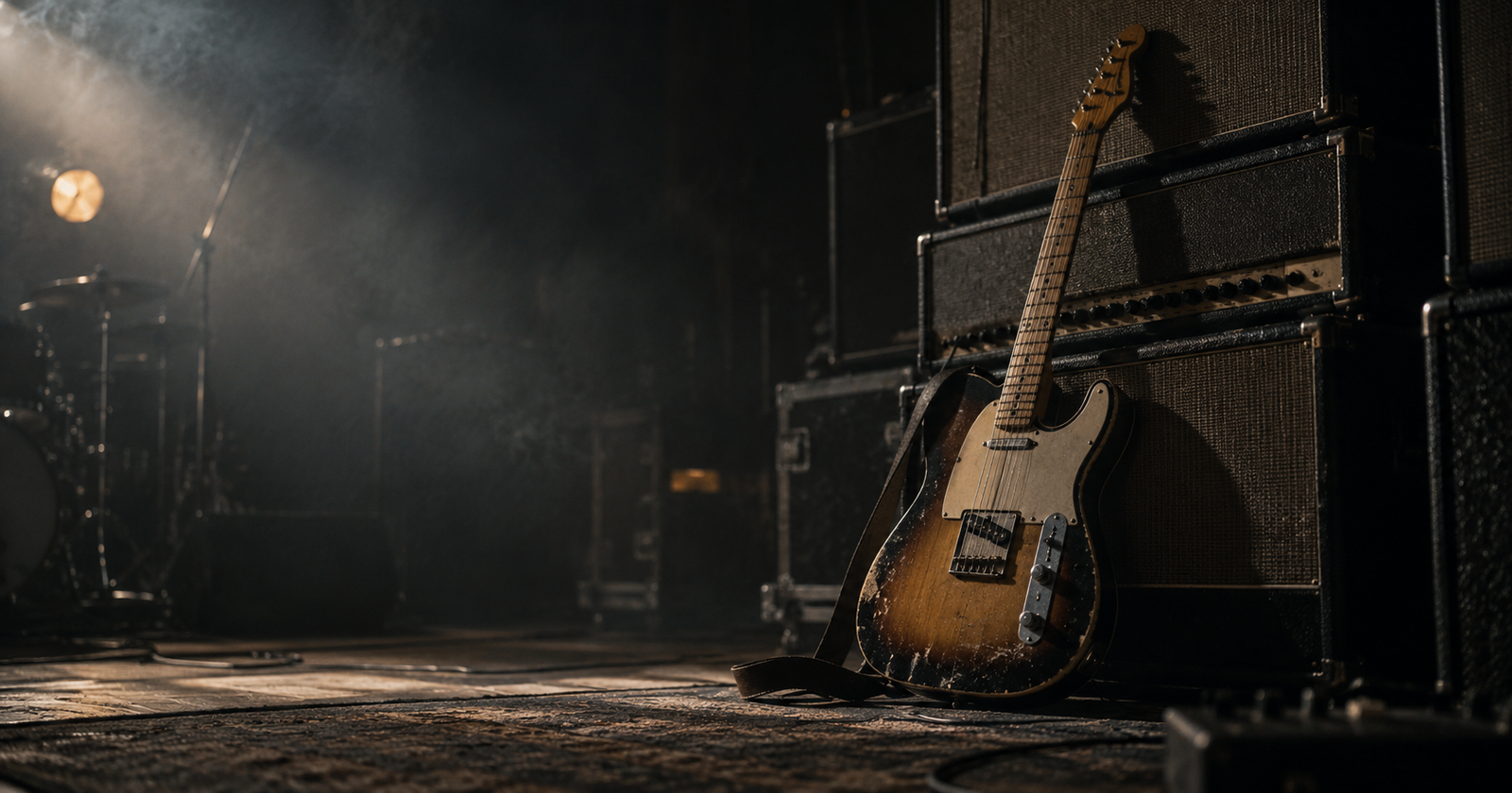 Electric guitar resting against a wall of amplifiers