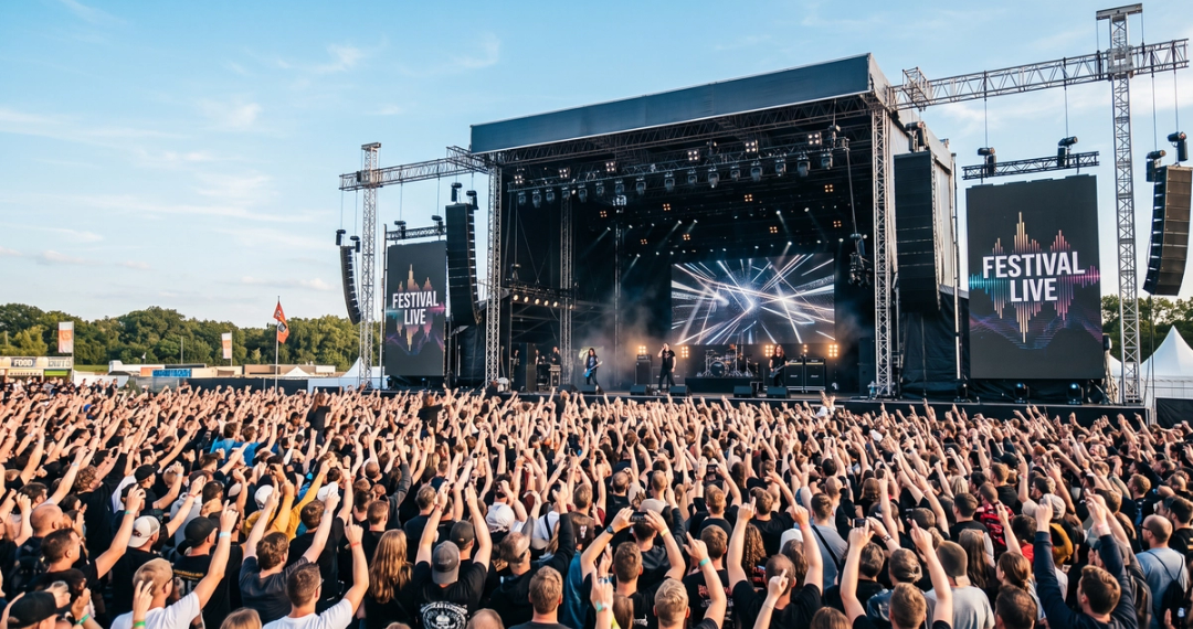 Large daytime crowd in front of an outdoor festival main stage