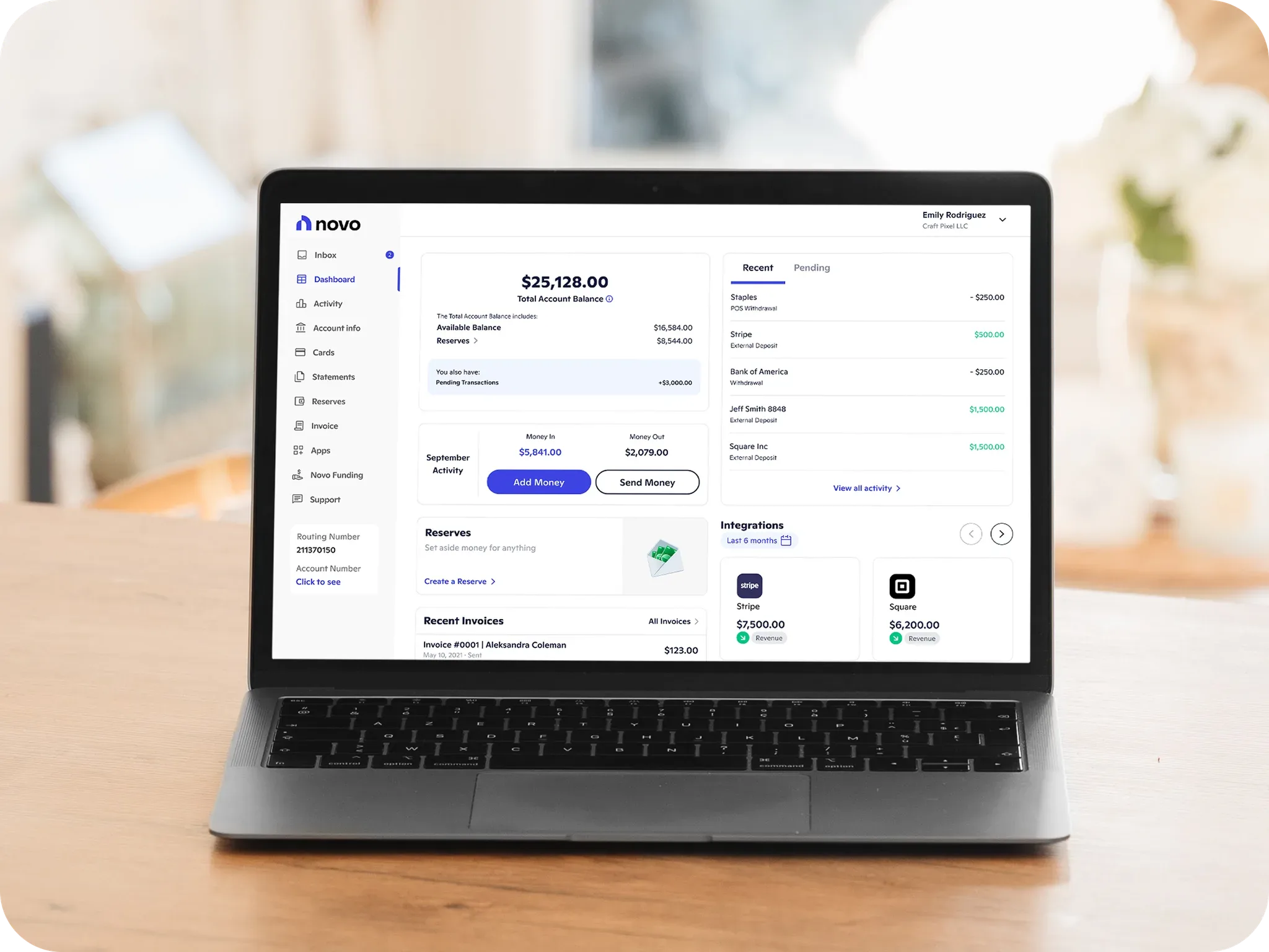 The Novo dashboard on a laptop: a $750.00 credit lands in Recent Activity and the balances update, then the dashboard scrolls to Profit and Loss and back.