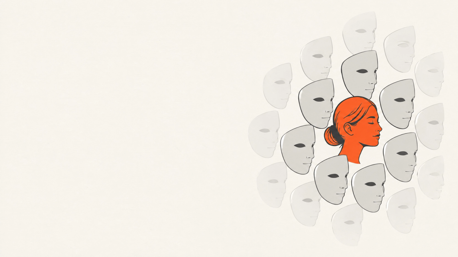 Illustration: Viele gleiche graue Masken verblassen, ein warmes orangefarbenes Gesicht hebt sich ab