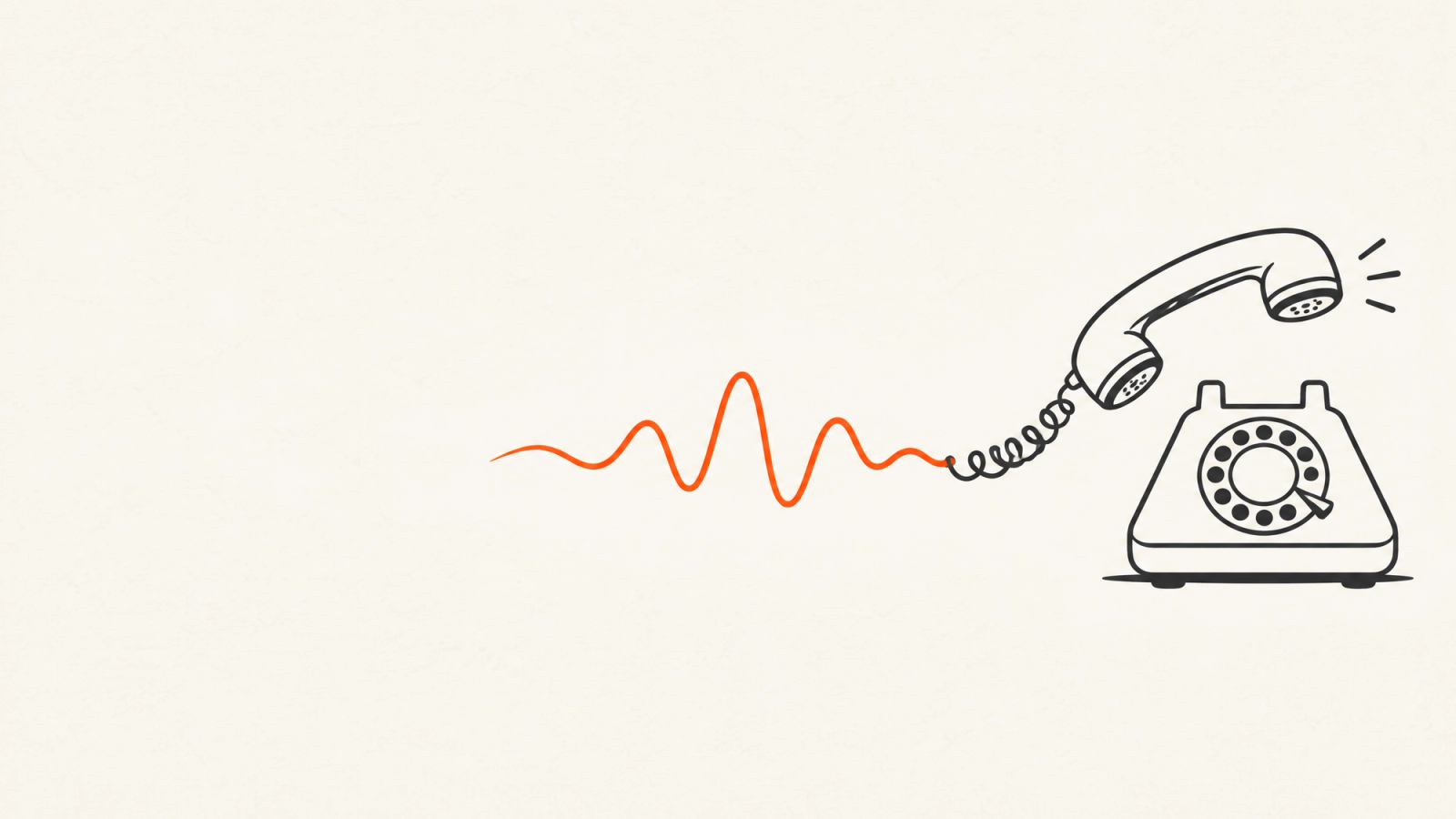 Illustration: altes Wählscheibentelefon, dessen Kabel in eine orange Schallwelle übergeht