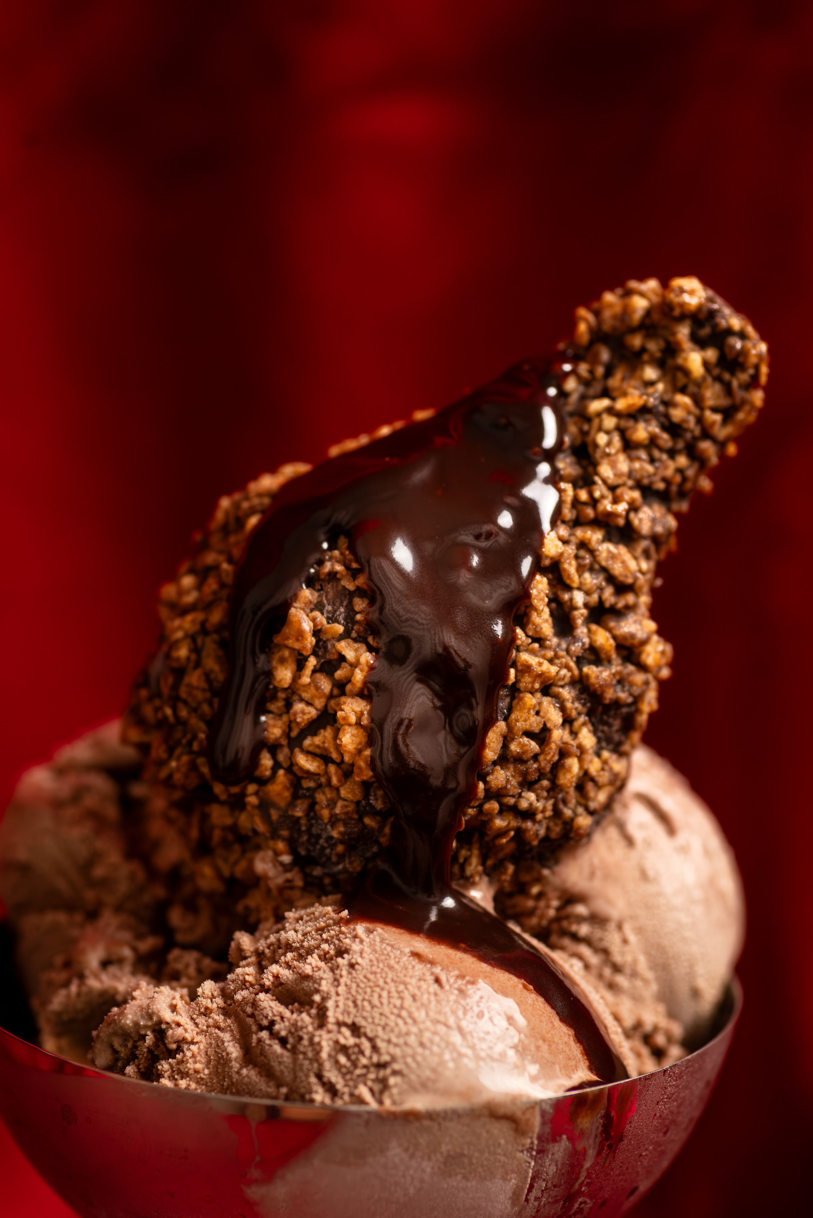Chocolate ice cream with crunchy topping and chocolate sauce