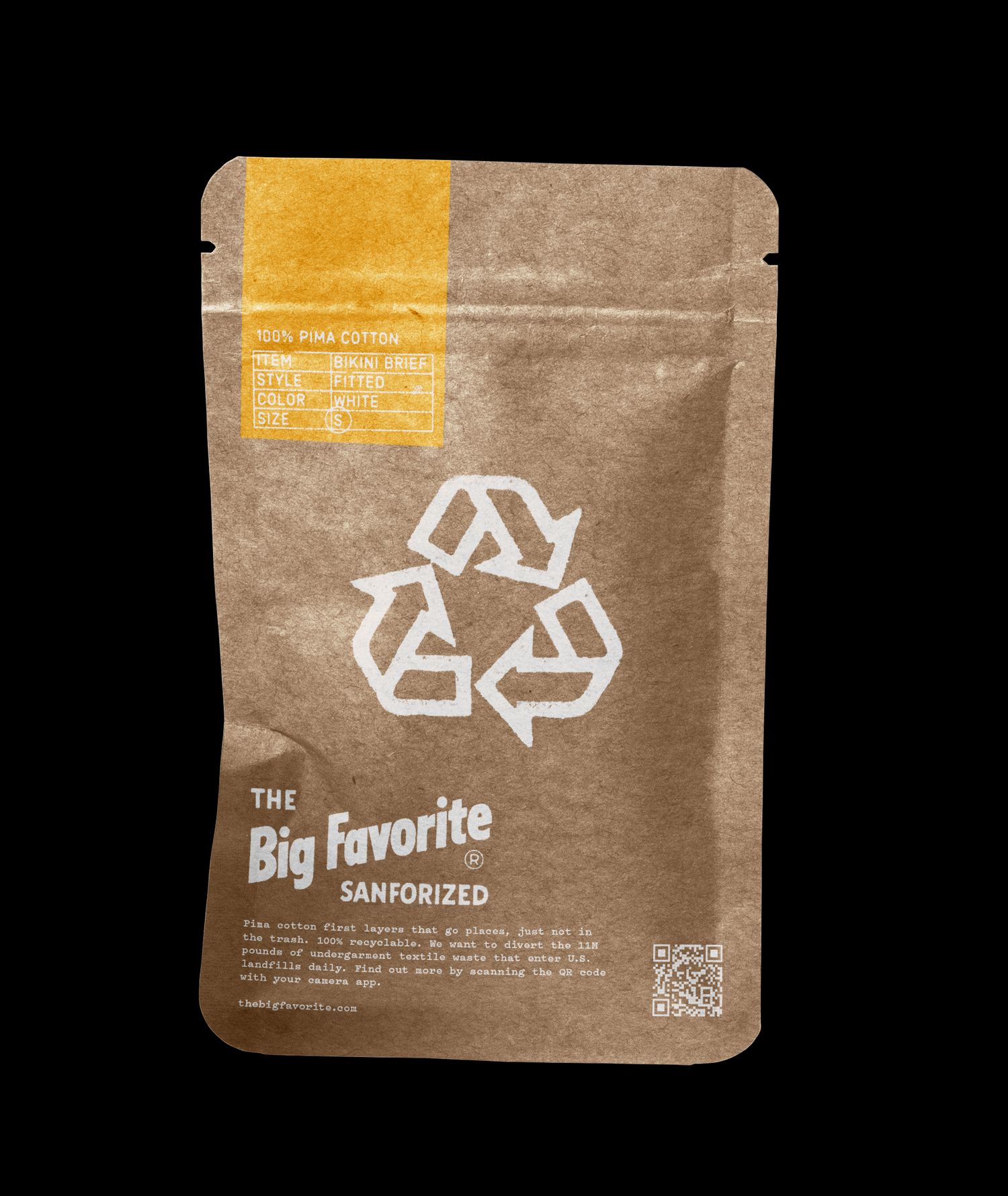 The Big Favorite kraft pouch: yellow header, recycling icon, 'THE Big Favorite® SANFORIZED — Bikini Brief, White, S'