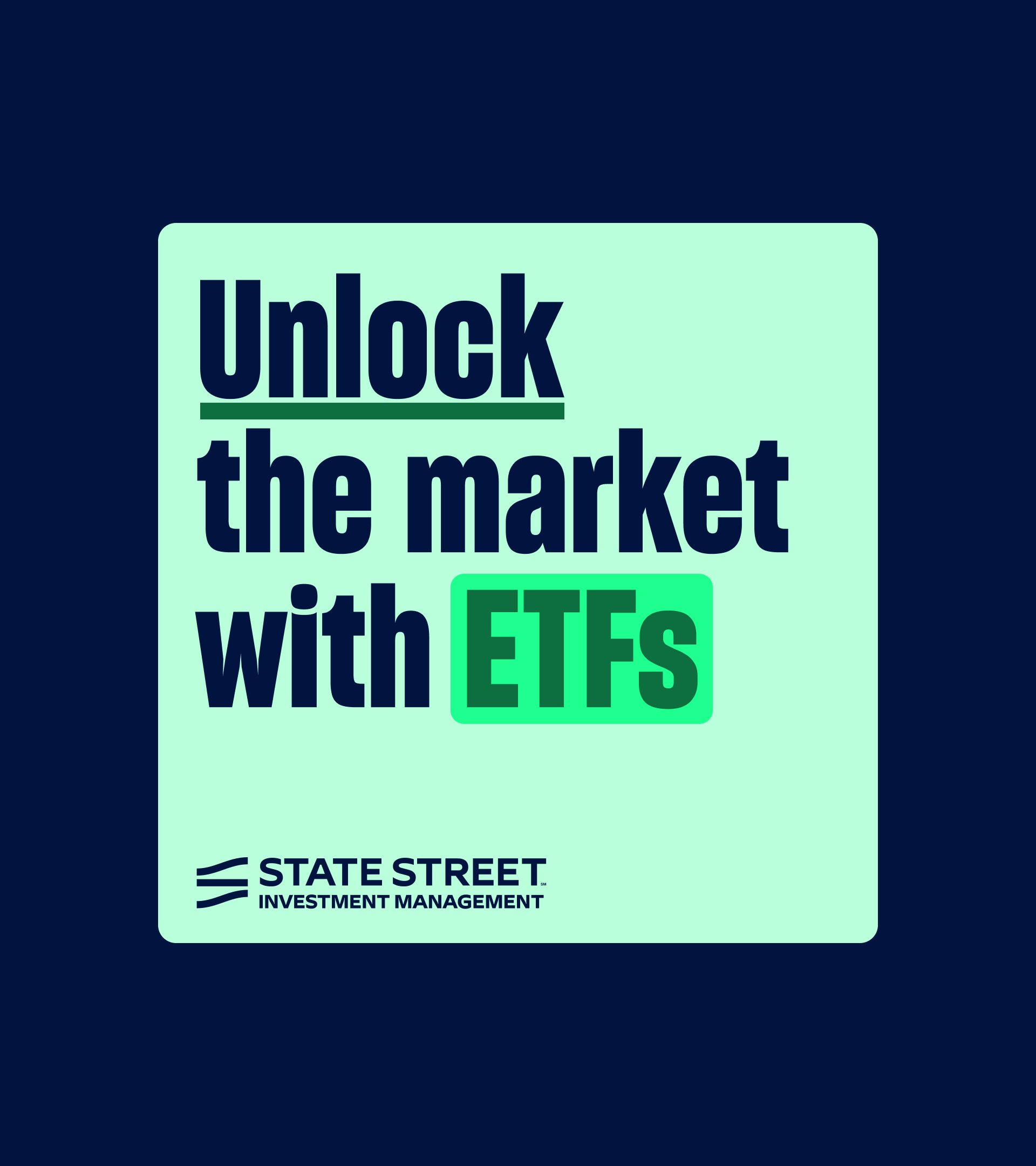 "Unlock the market with ETFs" social card; mint ground, navy type, green highlighted ETFs badge