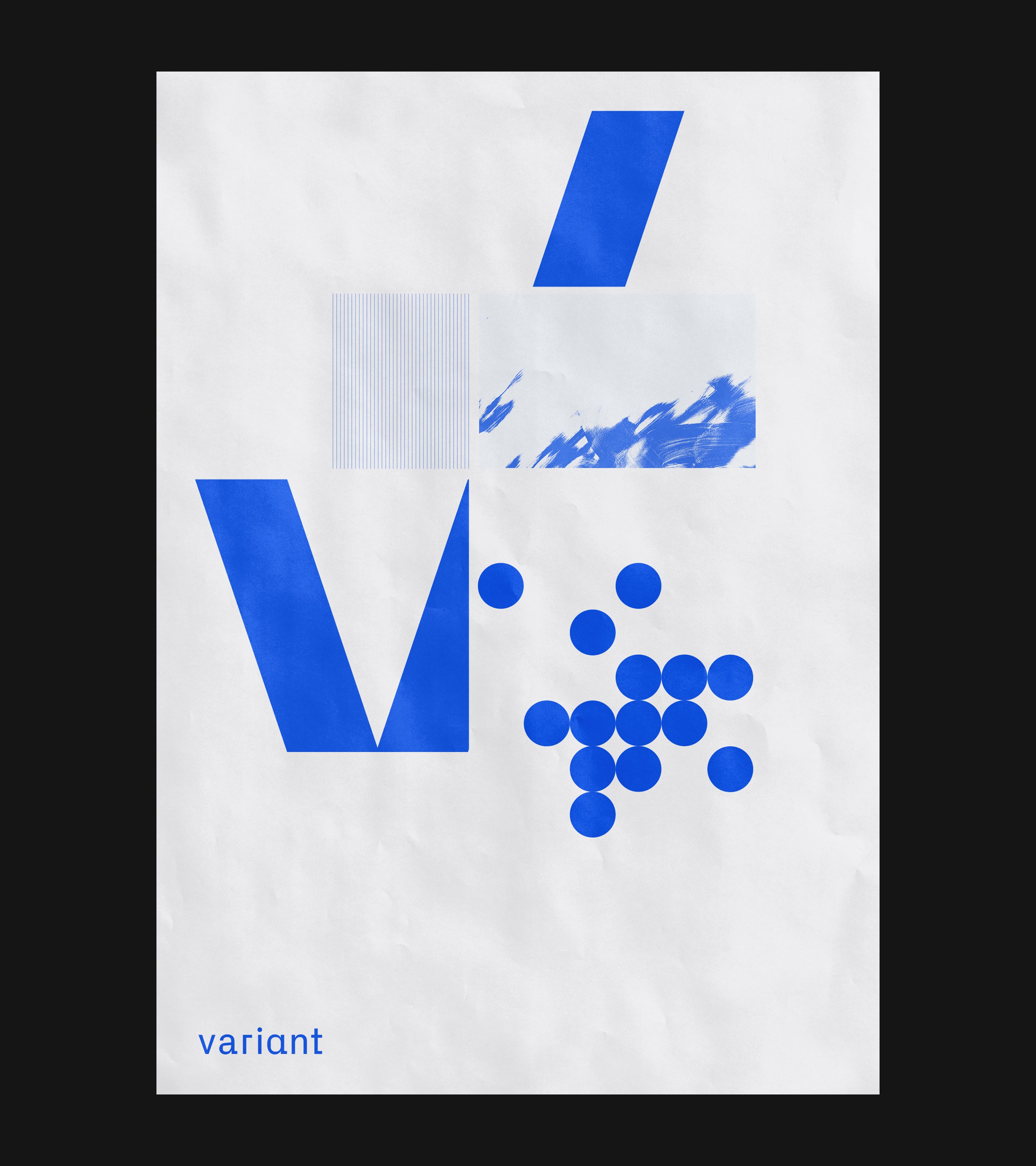 Variant brand poster: deconstructed blue elements — bold 'V,' stripe field, dot cluster, slash; on crumpled white sheet