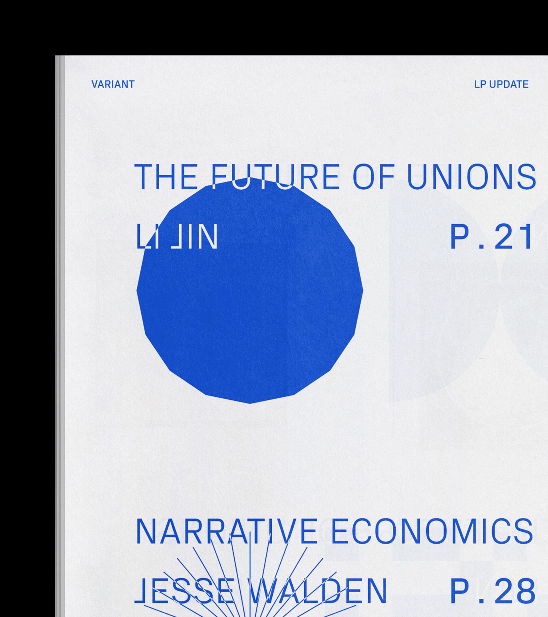 Variant LP Update booklet corner detail: showing two articles from Li Jin and Jesse Walden with overlaid glyphs
