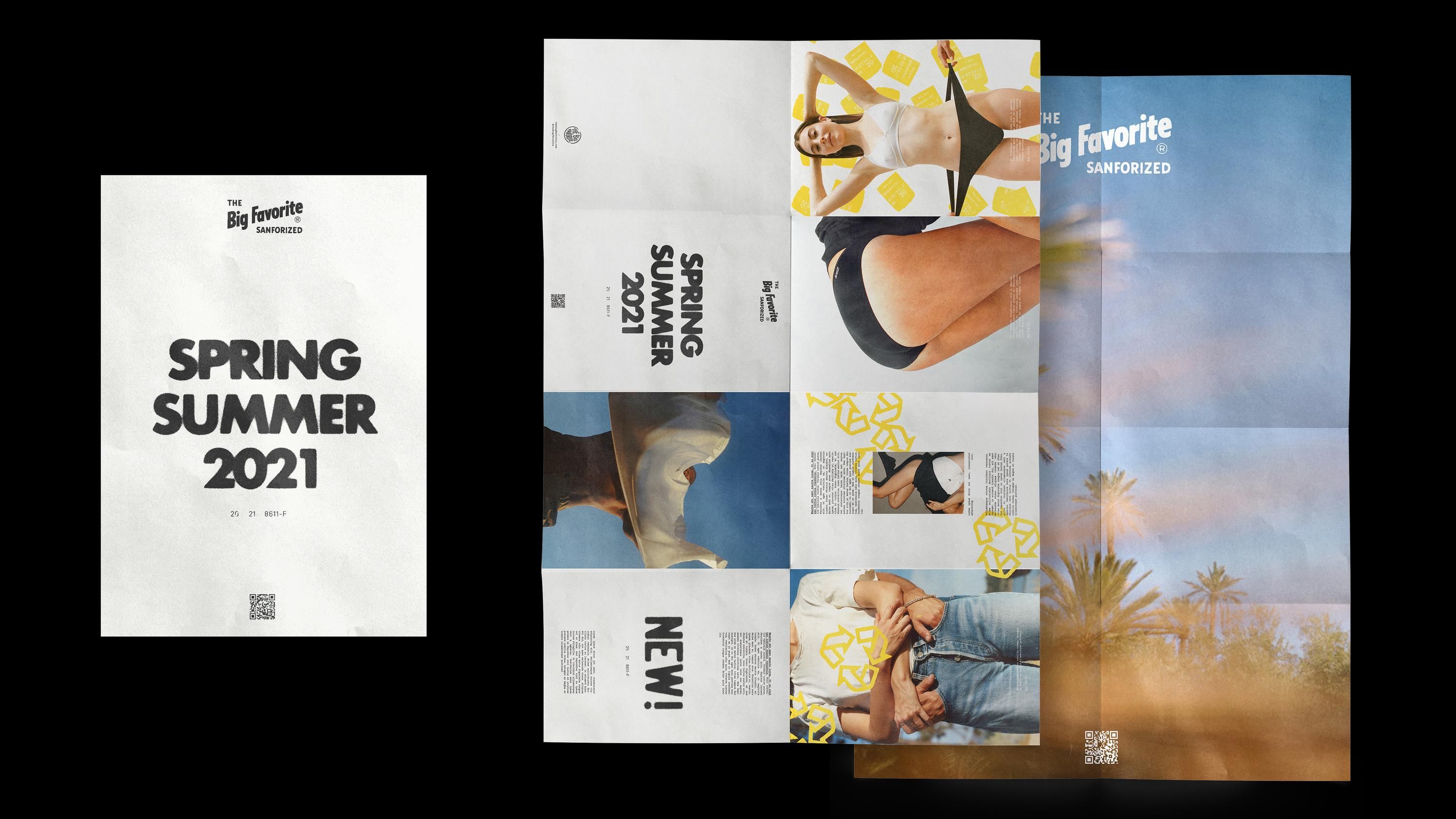 The Big Favorite 'SPRING SUMMER 2021' lookbook: three folded poster panels — white cover, campaign imagery