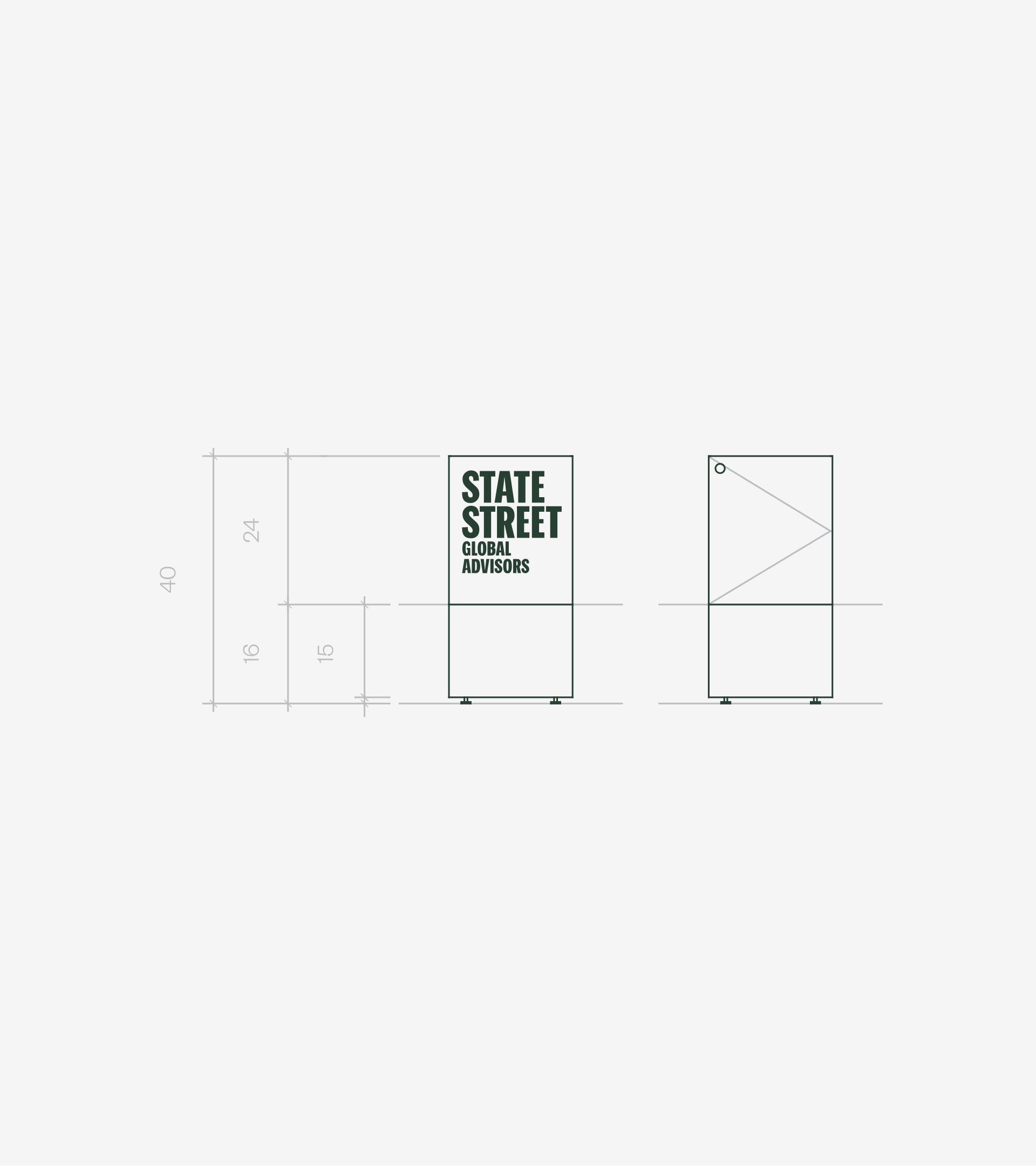 Technical drawing of SSGA rolling unit; front and side elevations with dimensions: 40" total height, 24" upper panel, 16" base