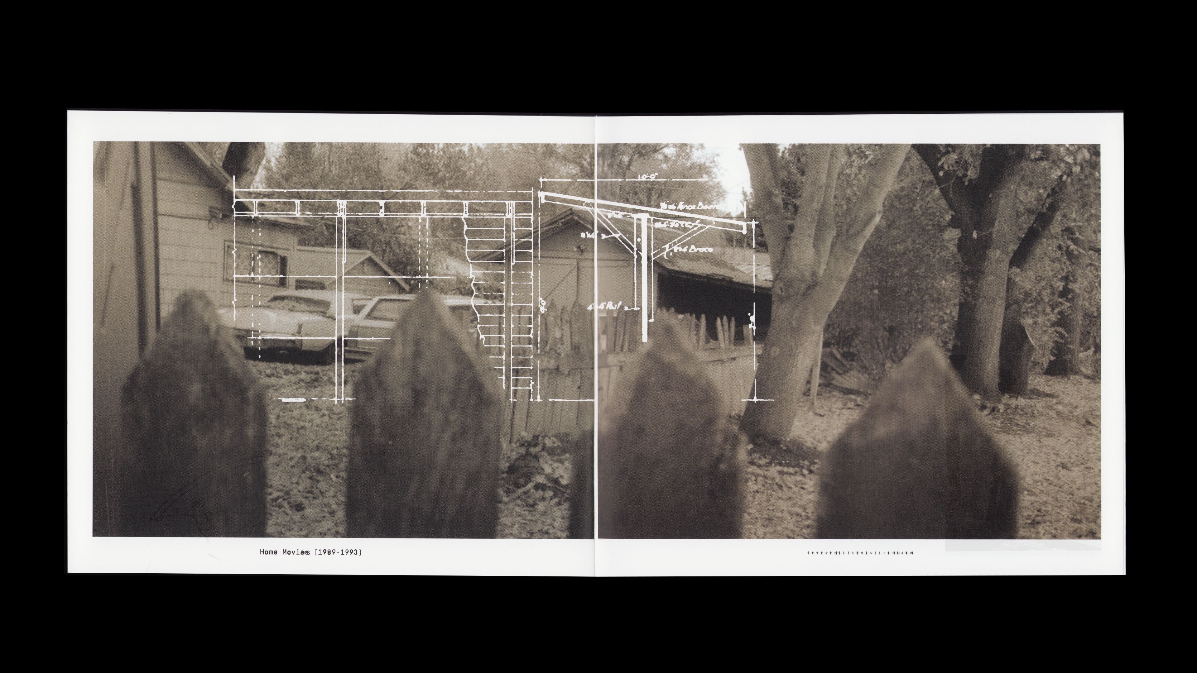 Youth Lagoon RDID booklet: 'Home Movies (1989-1993)' — B&W backyard fence with white architectural annotations