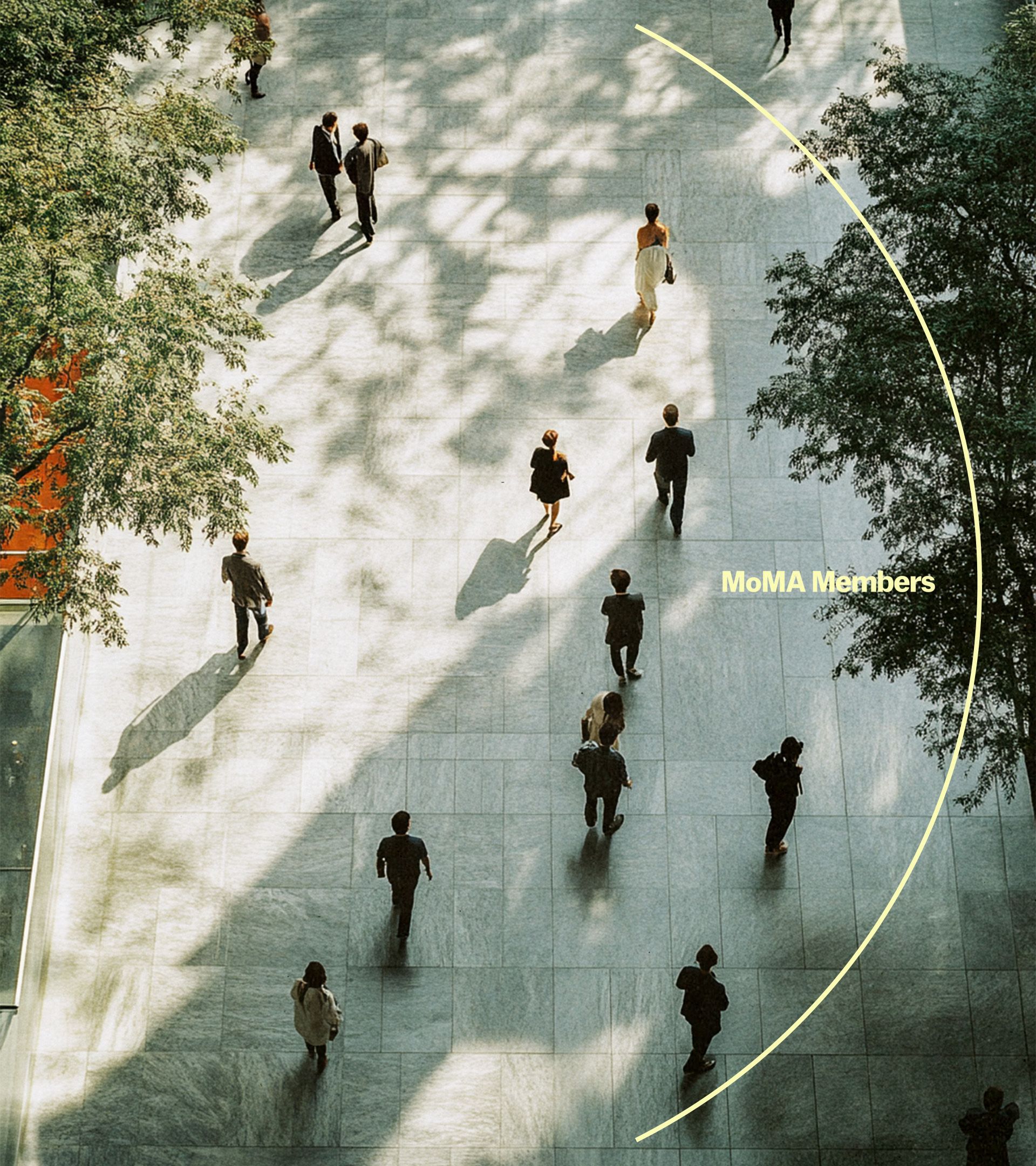 pale yellow MoMA Members logo at right overlaid on aerial view of visitors on stone plaza, nested in right half of arc overlay