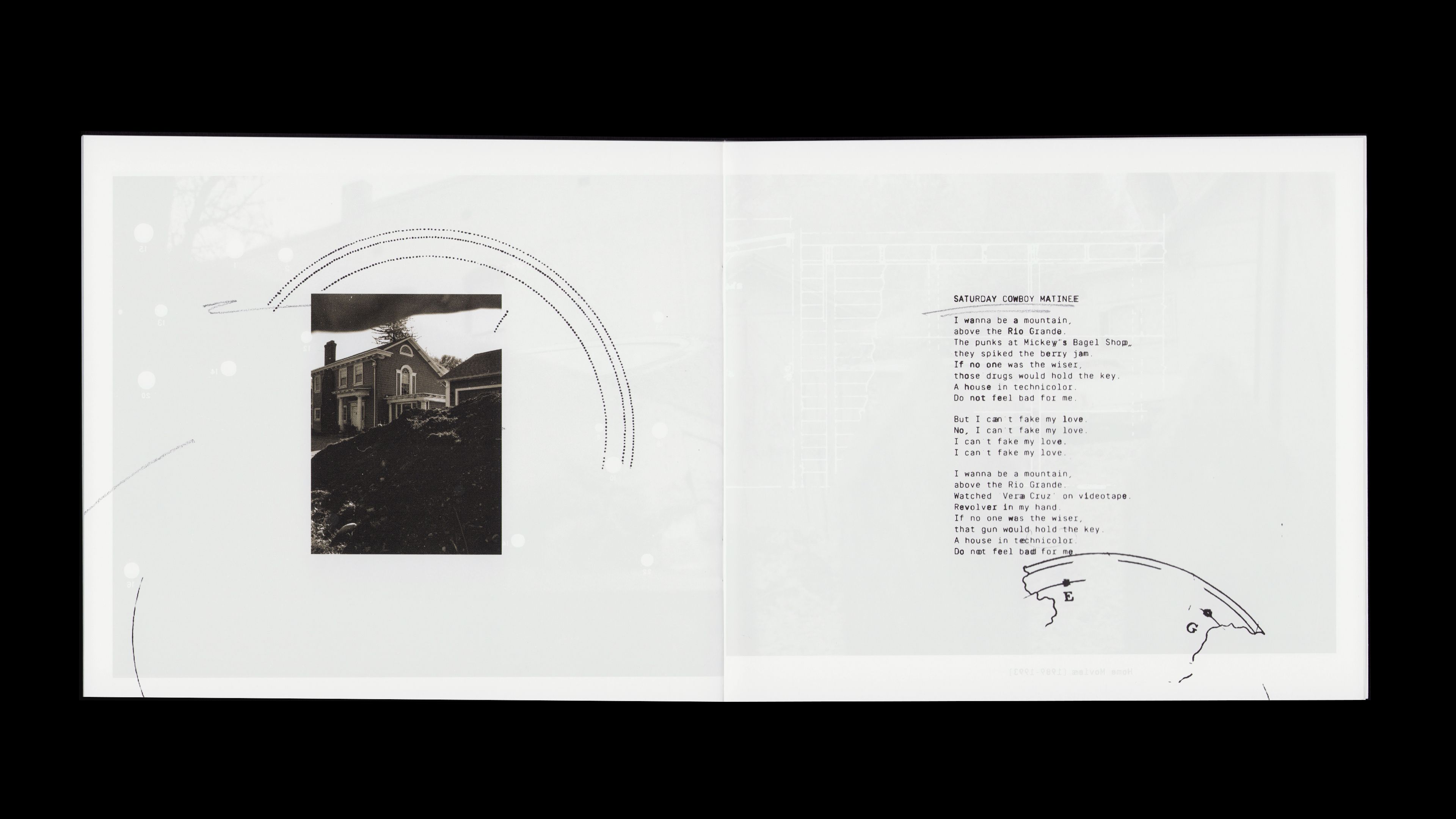 Youth Lagoon RDID booklet: B&W ranch house with dotted arc trajectory marks, 'Saturday Cowboy Matinee' lyrics