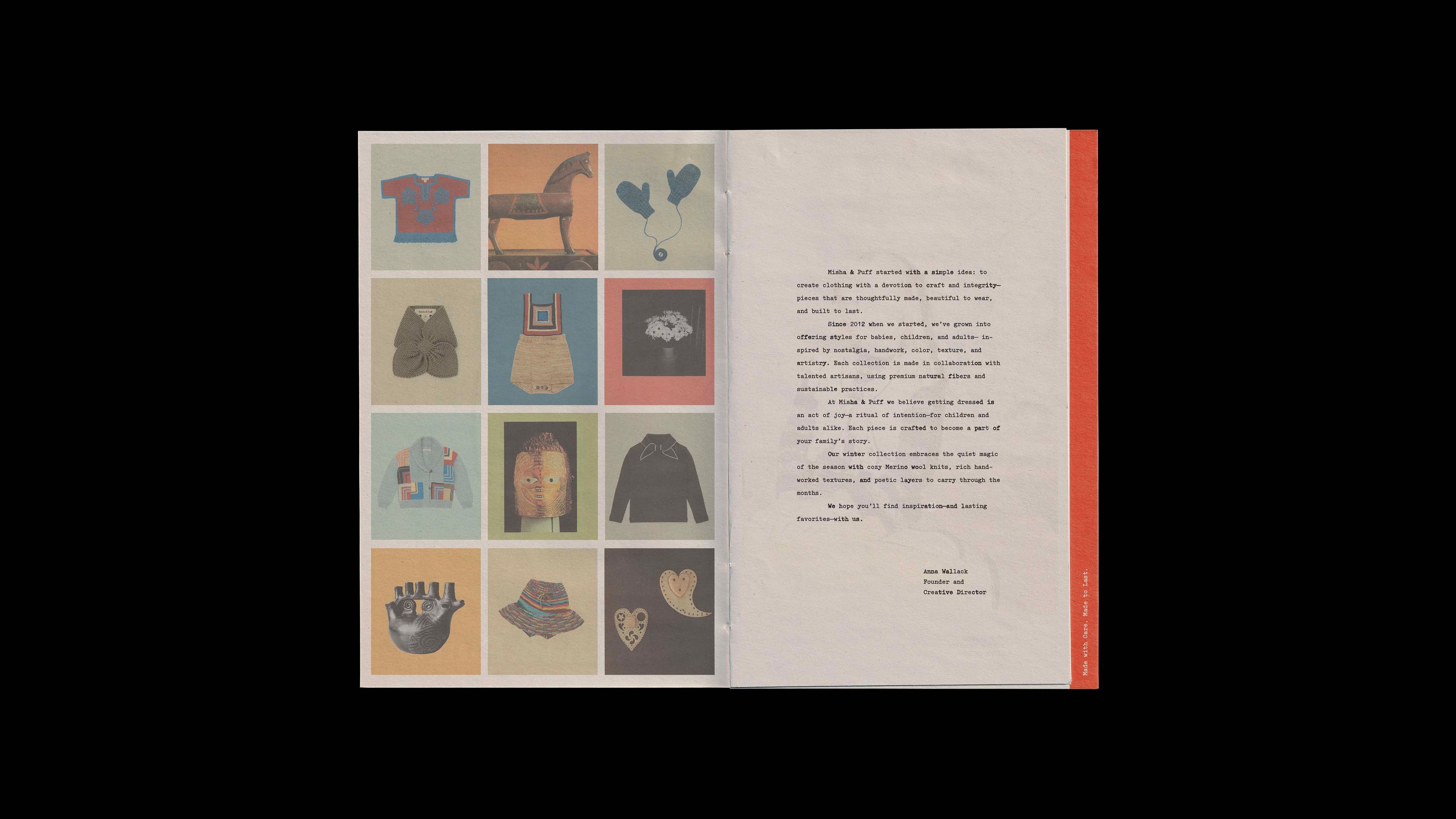 Misha & Puff catalog spread: 12 reference images of garments and artifacts alongside a founder's letter from Anna Wallack.
