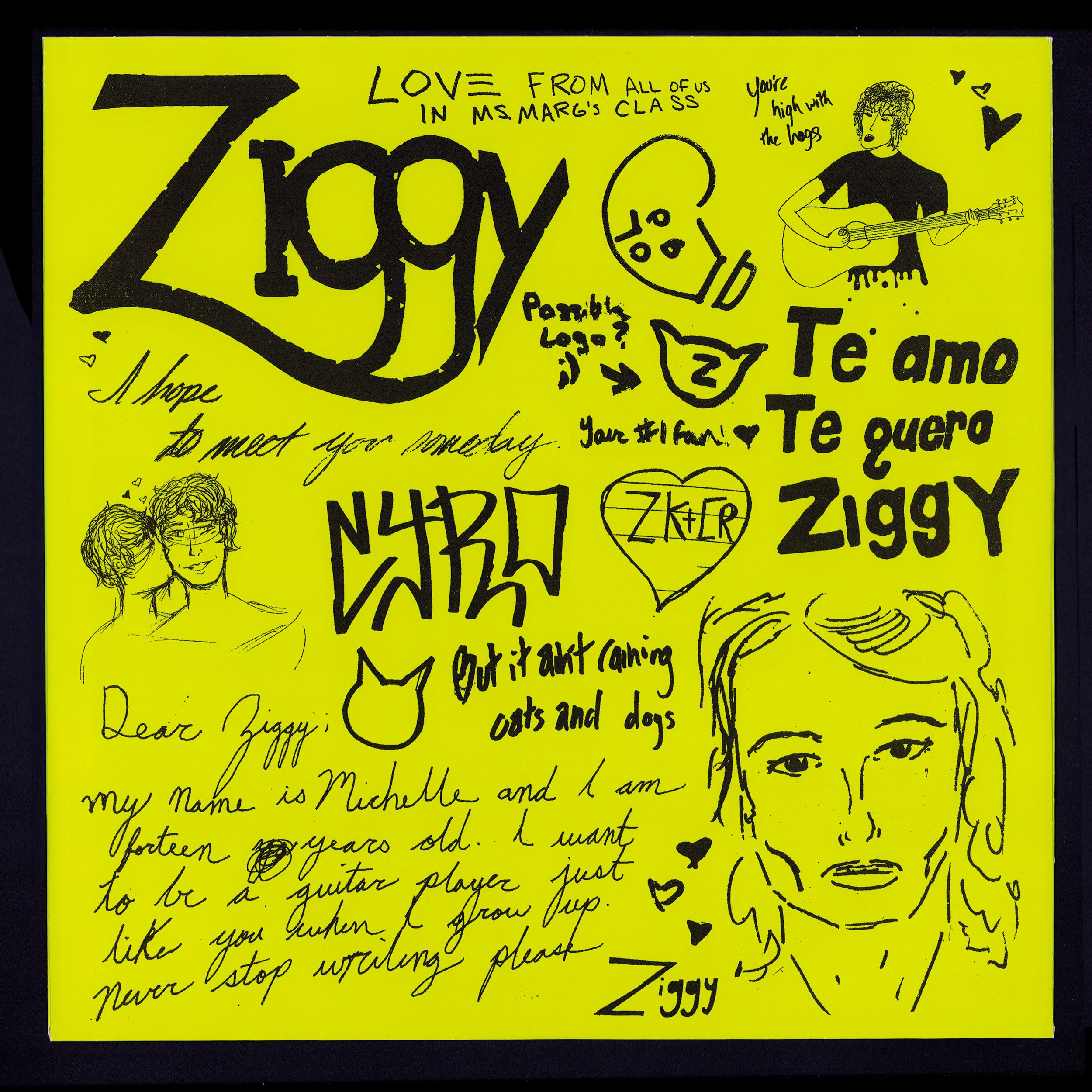 inner sleeve side A: fan mail collage on neon sheet, black hand-drawn love notes, portraits, doodles