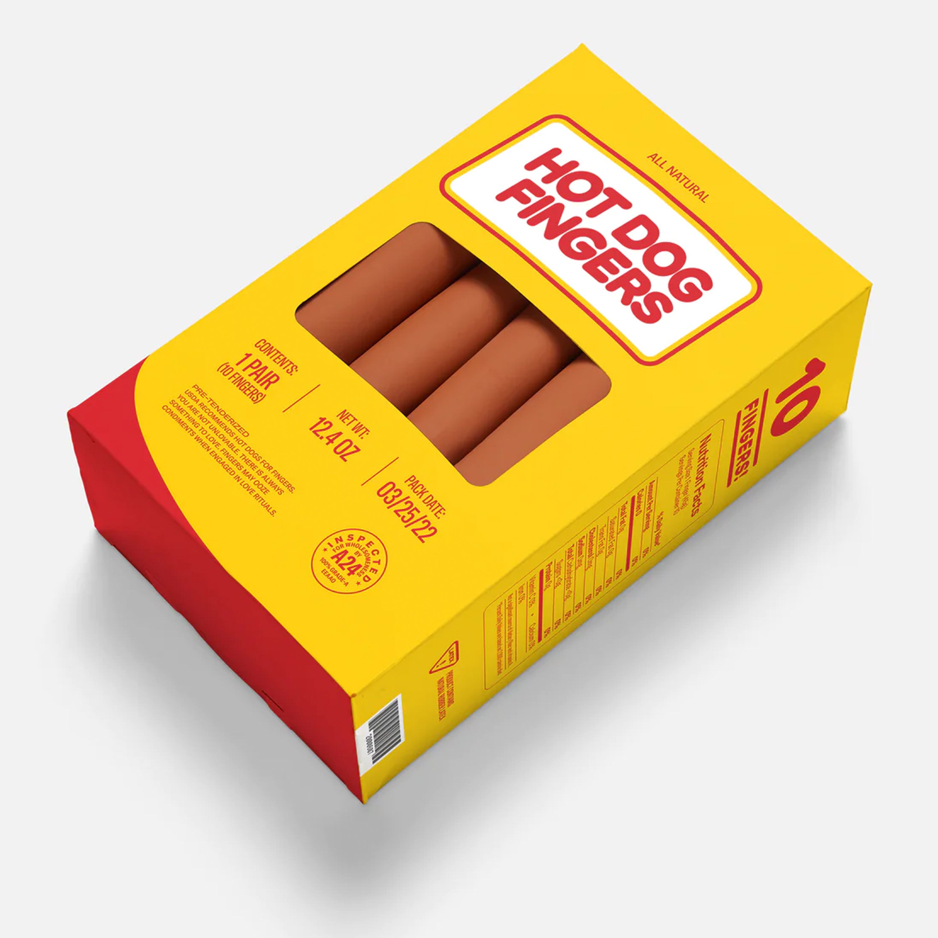 A24 EEAAO Hot Dog Fingers packaging three-quarter view; yellow and red Oscar Mayer-riff box with nutrition panel and side copy