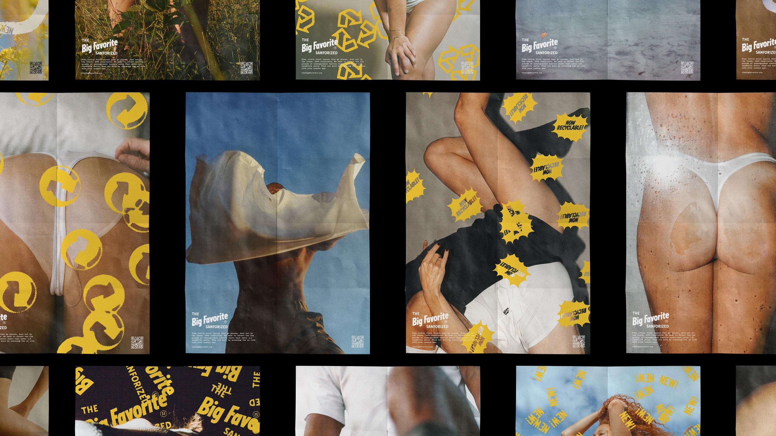 Brand behavior poster grid: product model photography with stamped yellow icons, logos and badges