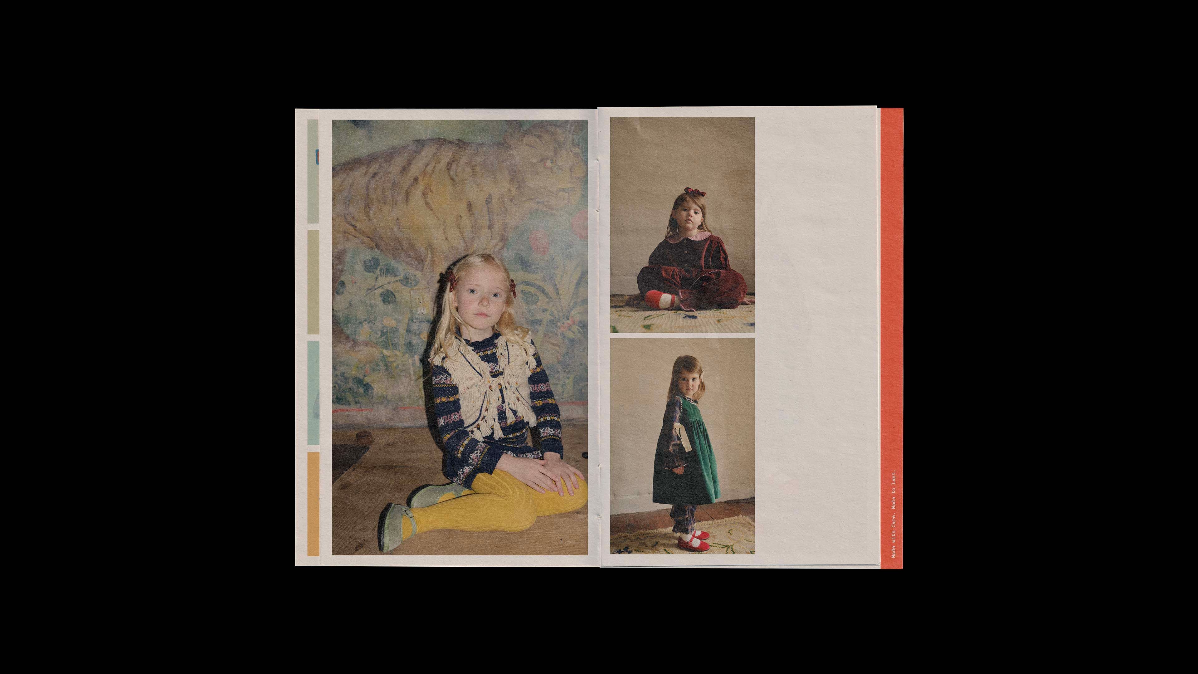 Misha & Puff catalog spread: left, girl in fair isle sweater and mustard tights; right, two children in velvet and corduroy.