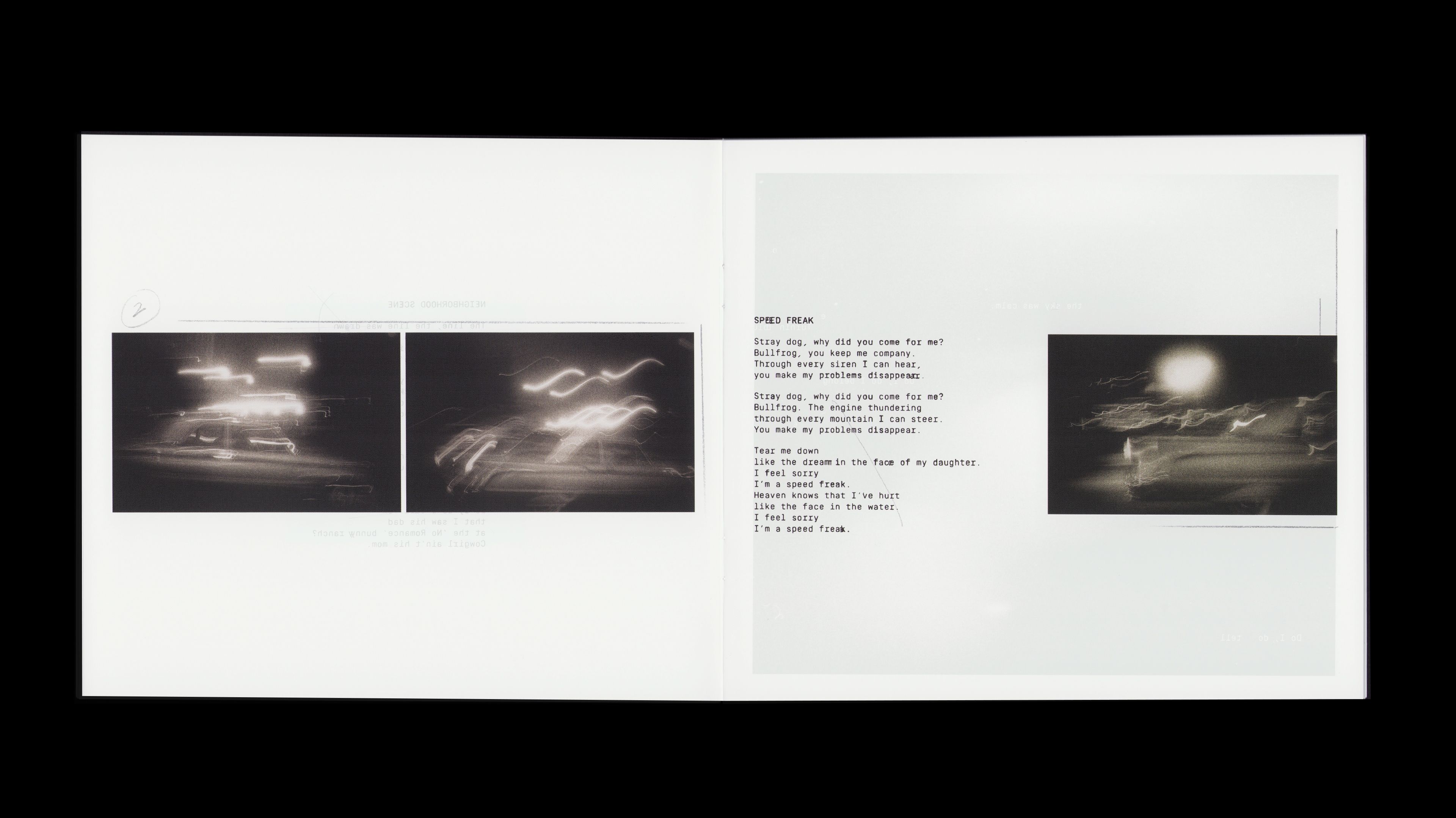 Youth Lagoon RDID booklet: B&W night motion-blur photos — light trails, car lights — 'Speed Freak' lyrics right