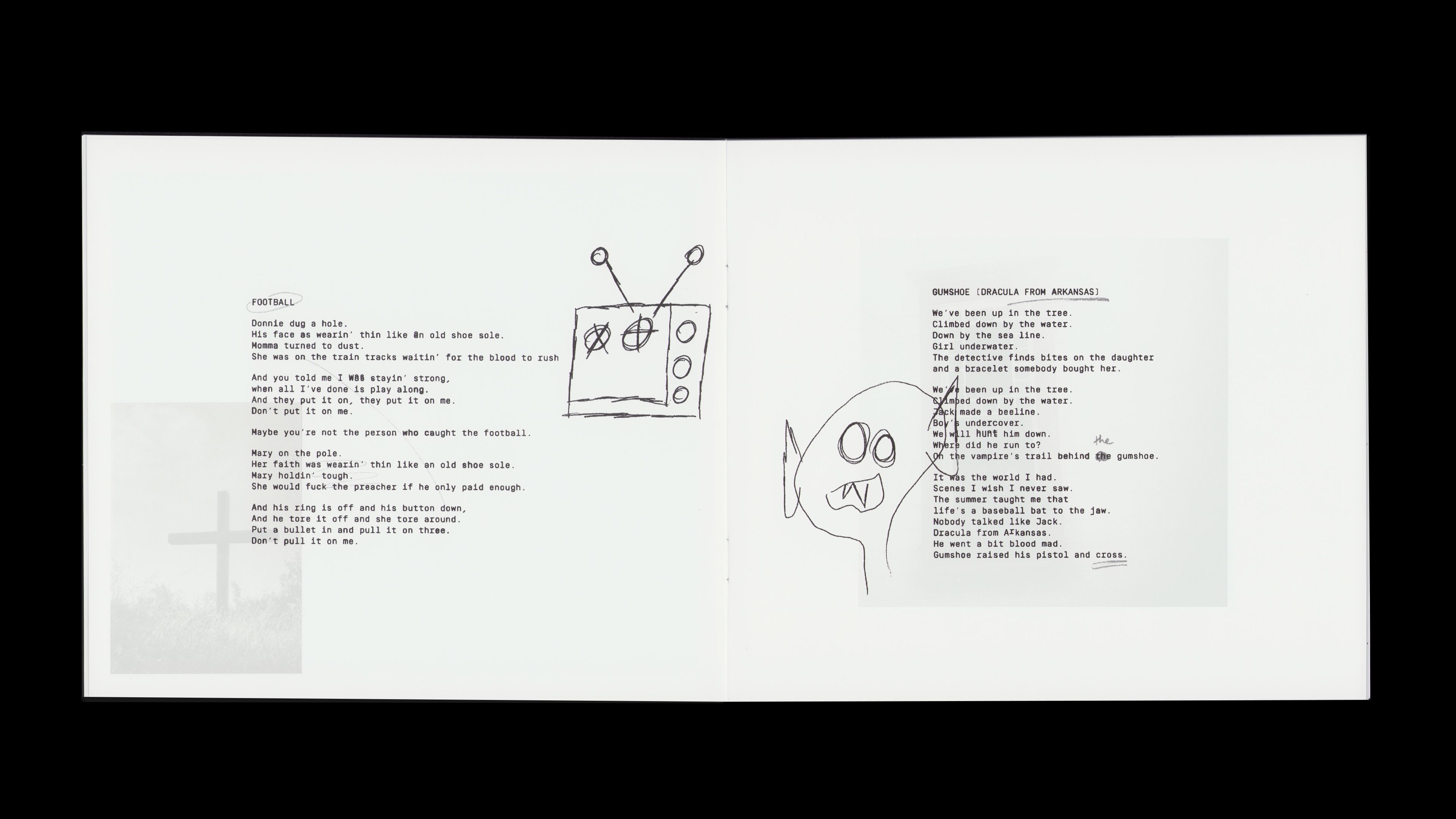 Youth Lagoon RDID booklet: 'Football' and 'Gumshoe (Dracula From Arkansas)' lyrics with hand-drawn TV and vampire