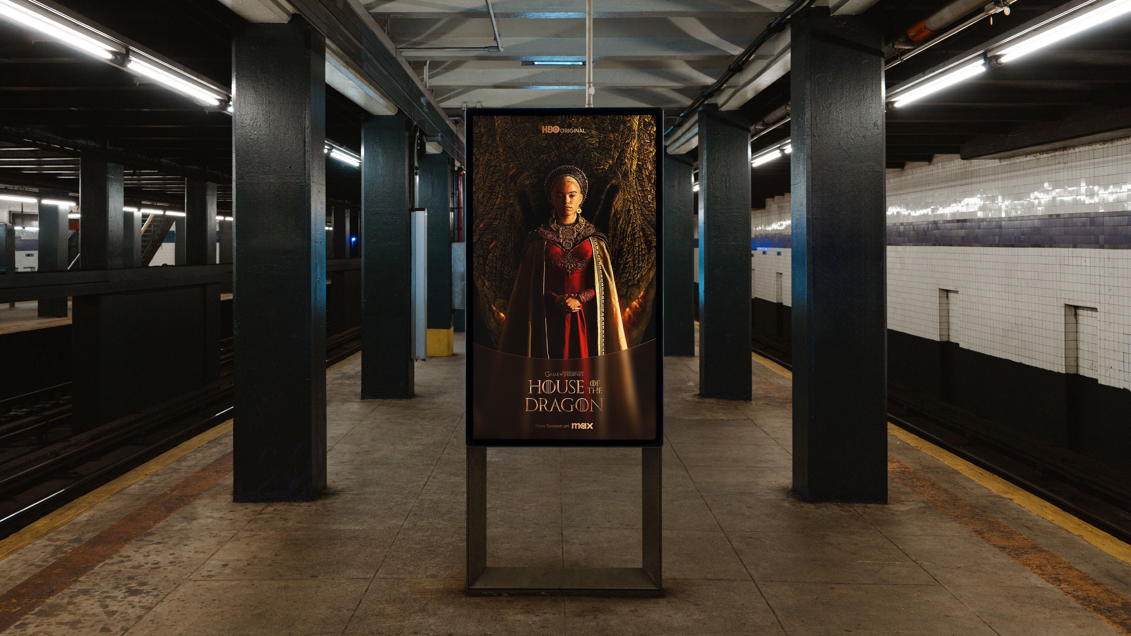 House of the Dragon subway platform digital poster; character in red gown before dragon, Max logo at bottom on frosted overlay below