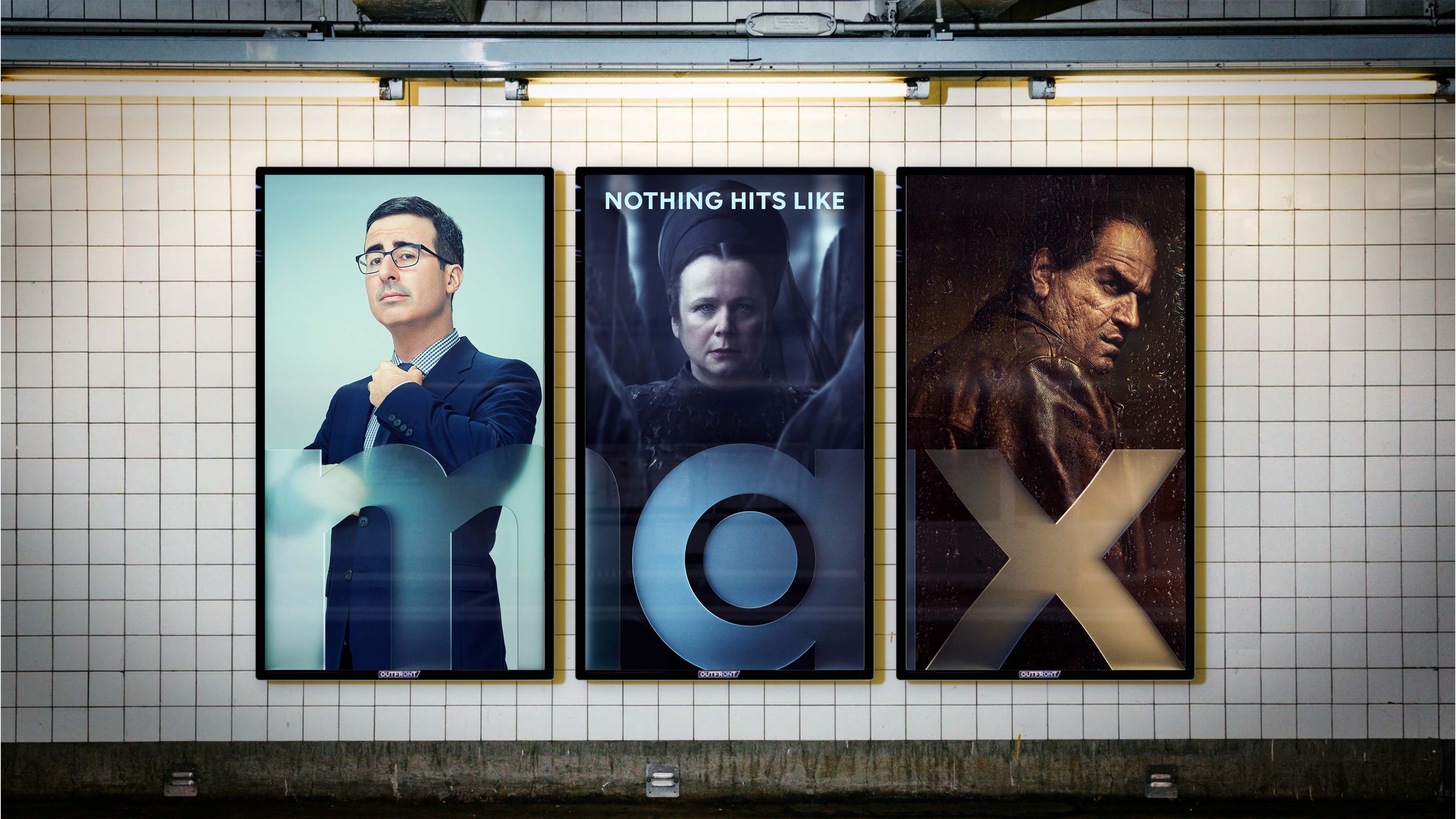 Max subway posters with frosted glass logo overlaid over three frames of HBO show imagery, adapting to color