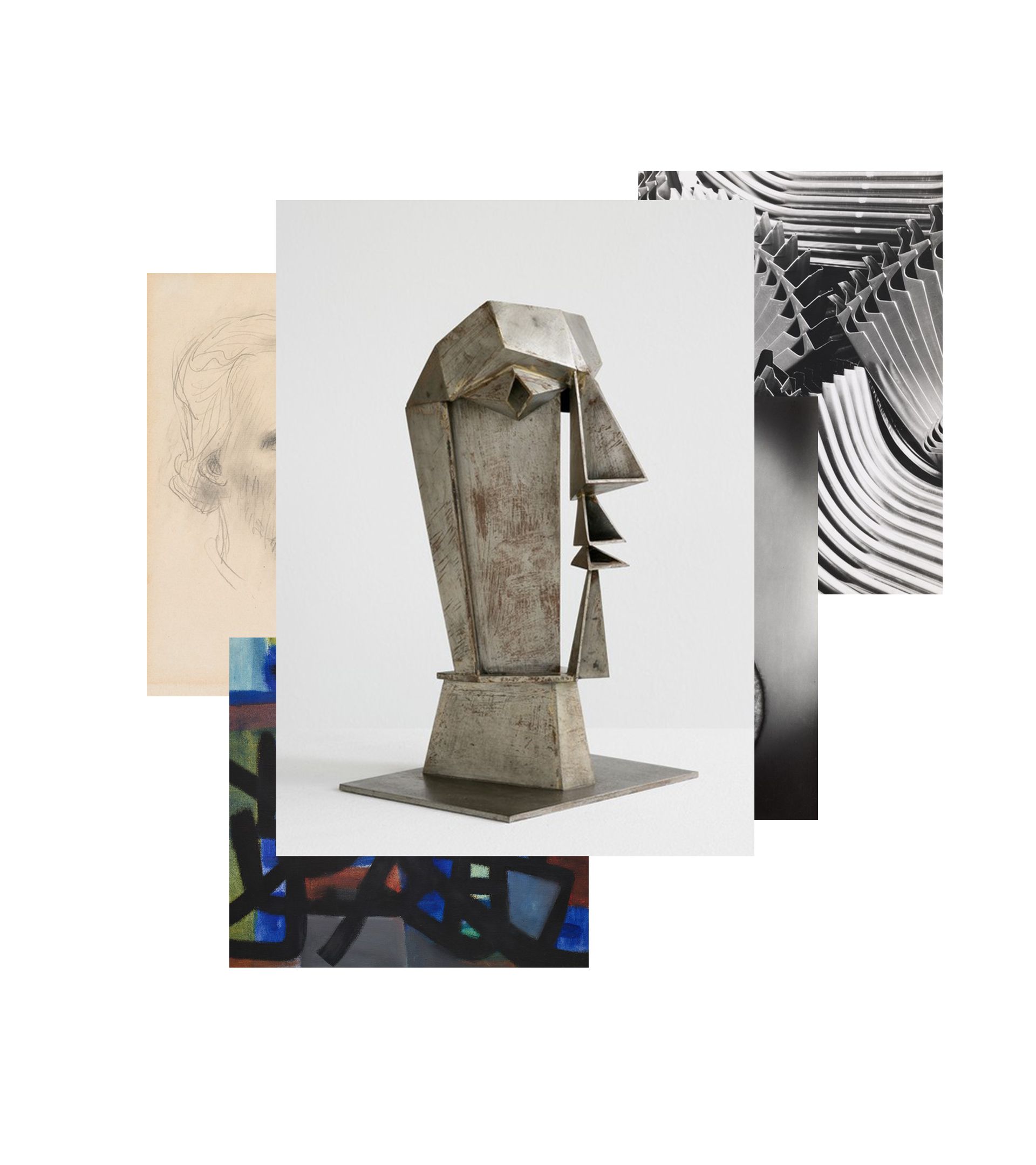 Cubist welded metal head sculpture centered, with sketch, geometric painting, striped photo