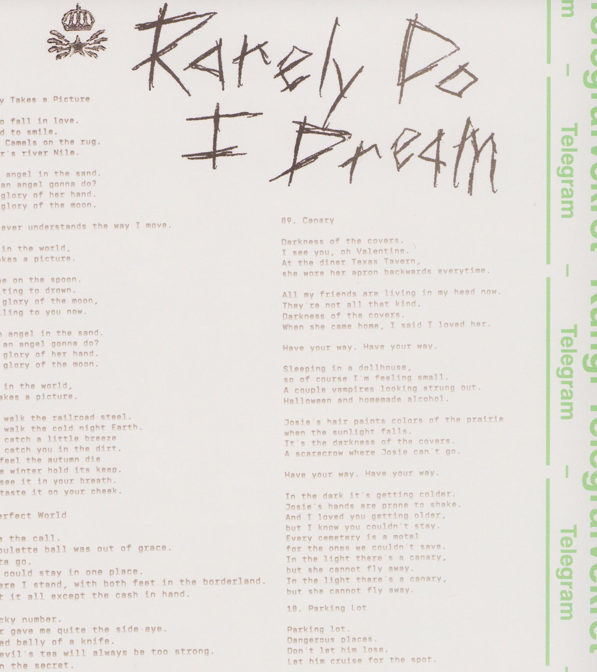 Youth Lagoon RDID lyric insert detail: 'Rarely Do I Dream' handwritten title with telegram texture and lyrics