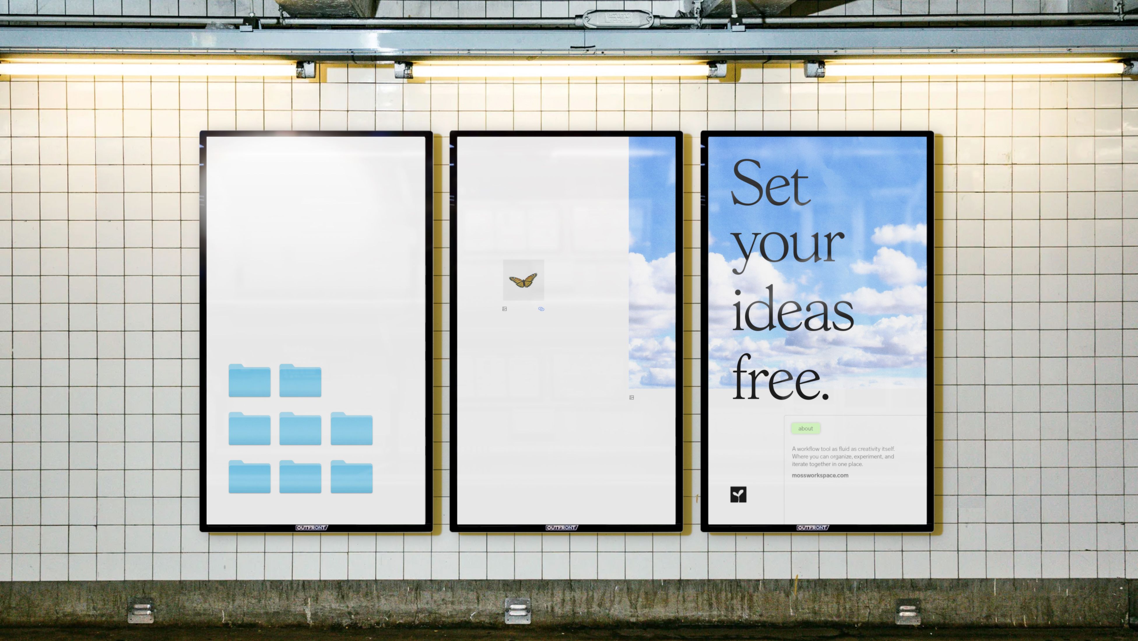 Moss Workspace brand identity; three-panel subway ad system with UI canvas, butterfly asset, and "Set your ideas free." headline