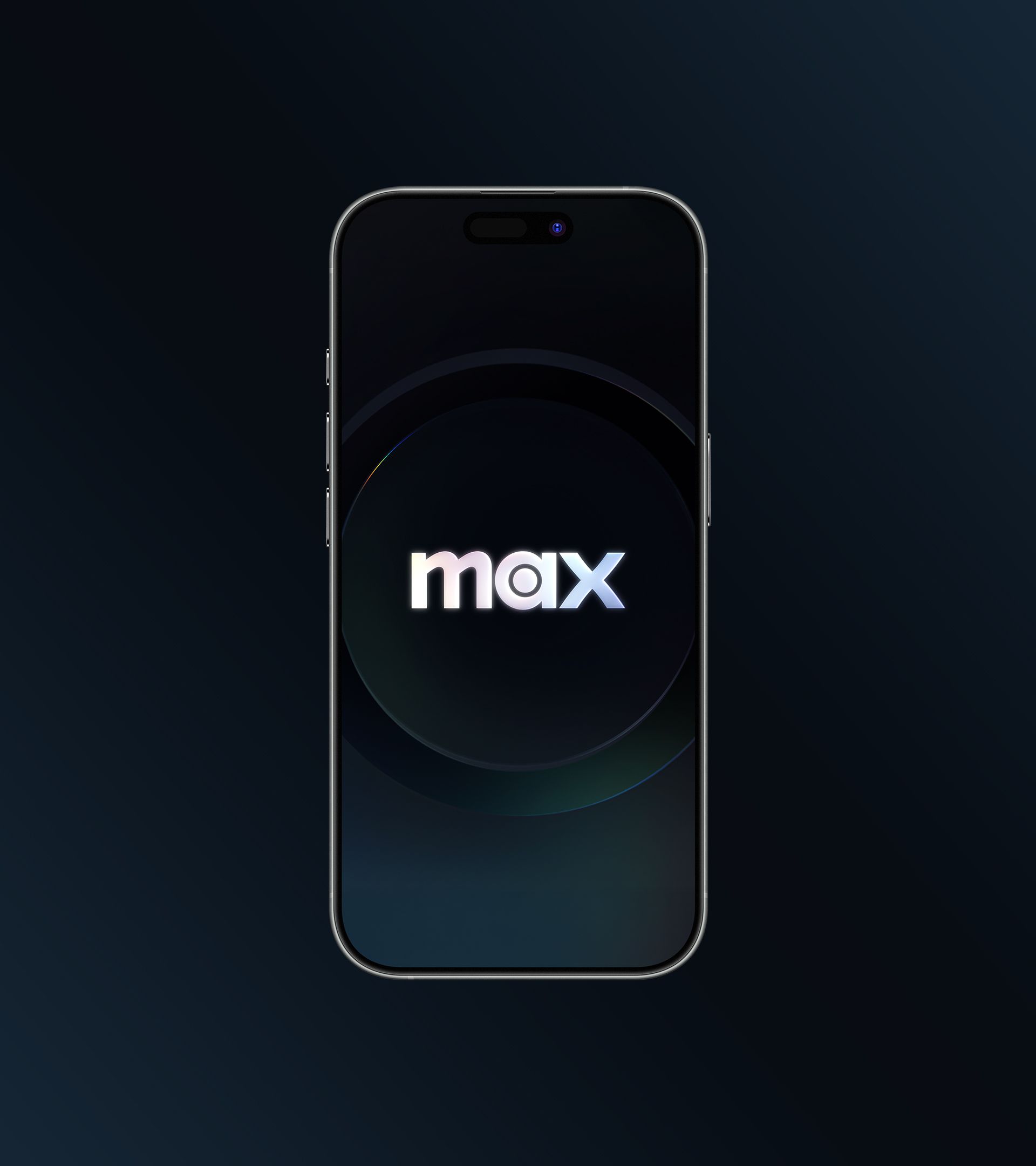 iPhone displaying Max app launch screen: iridescent wordmark in layered dark concentric circles on deep navy ground