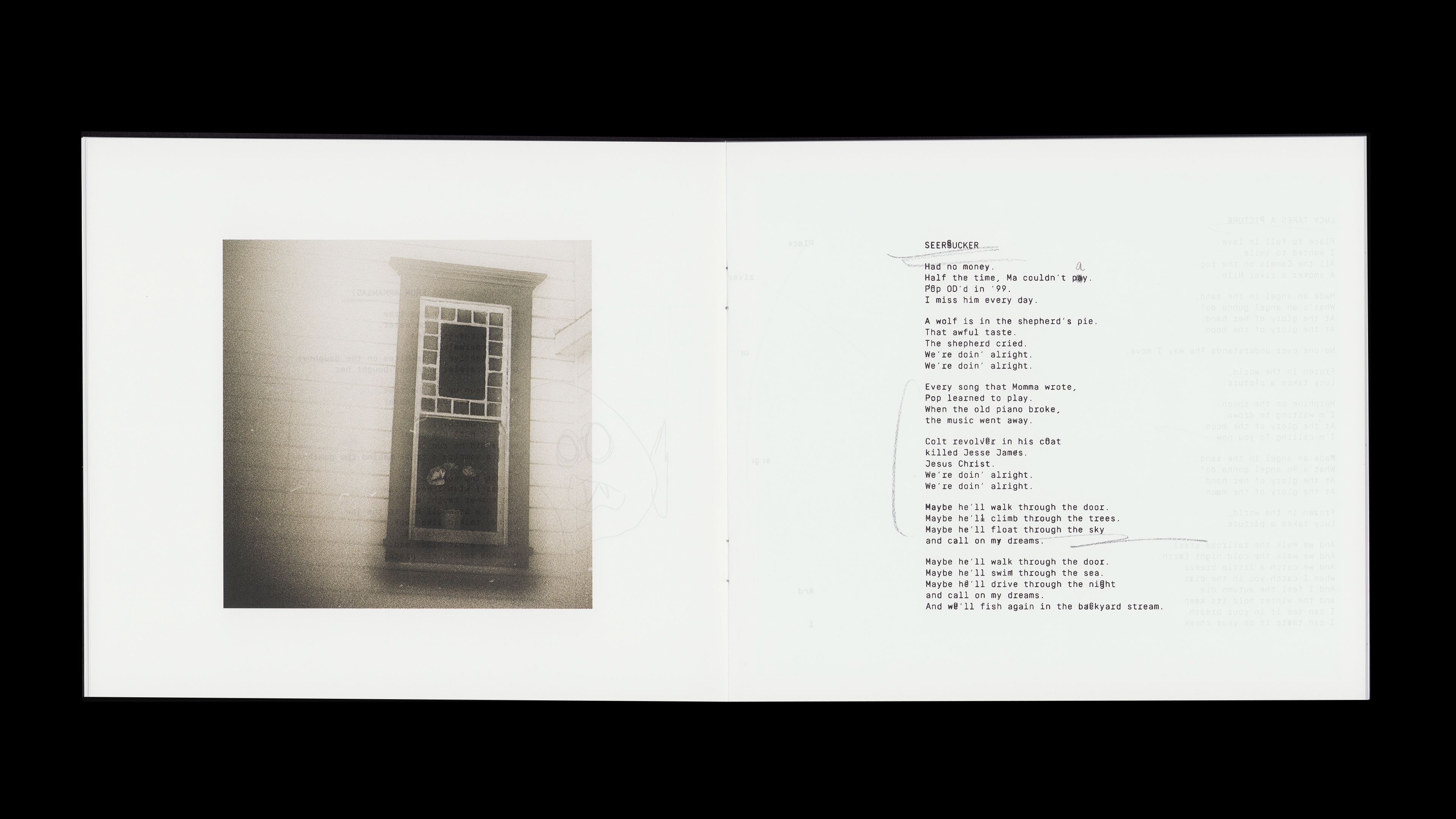 Youth Lagoon RDID booklet: B&W film photo of old wood-frame window, 'Seersucker' typewritten lyrics right